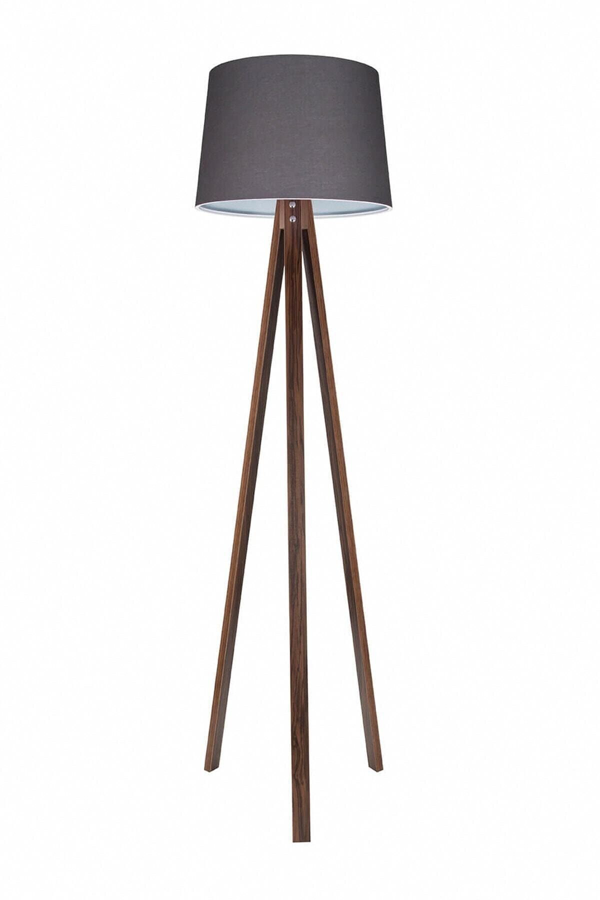 SerenityHaven Lambader 3 Ayaklı Ahşap Tripod Lamba Konik Füme Ceviz