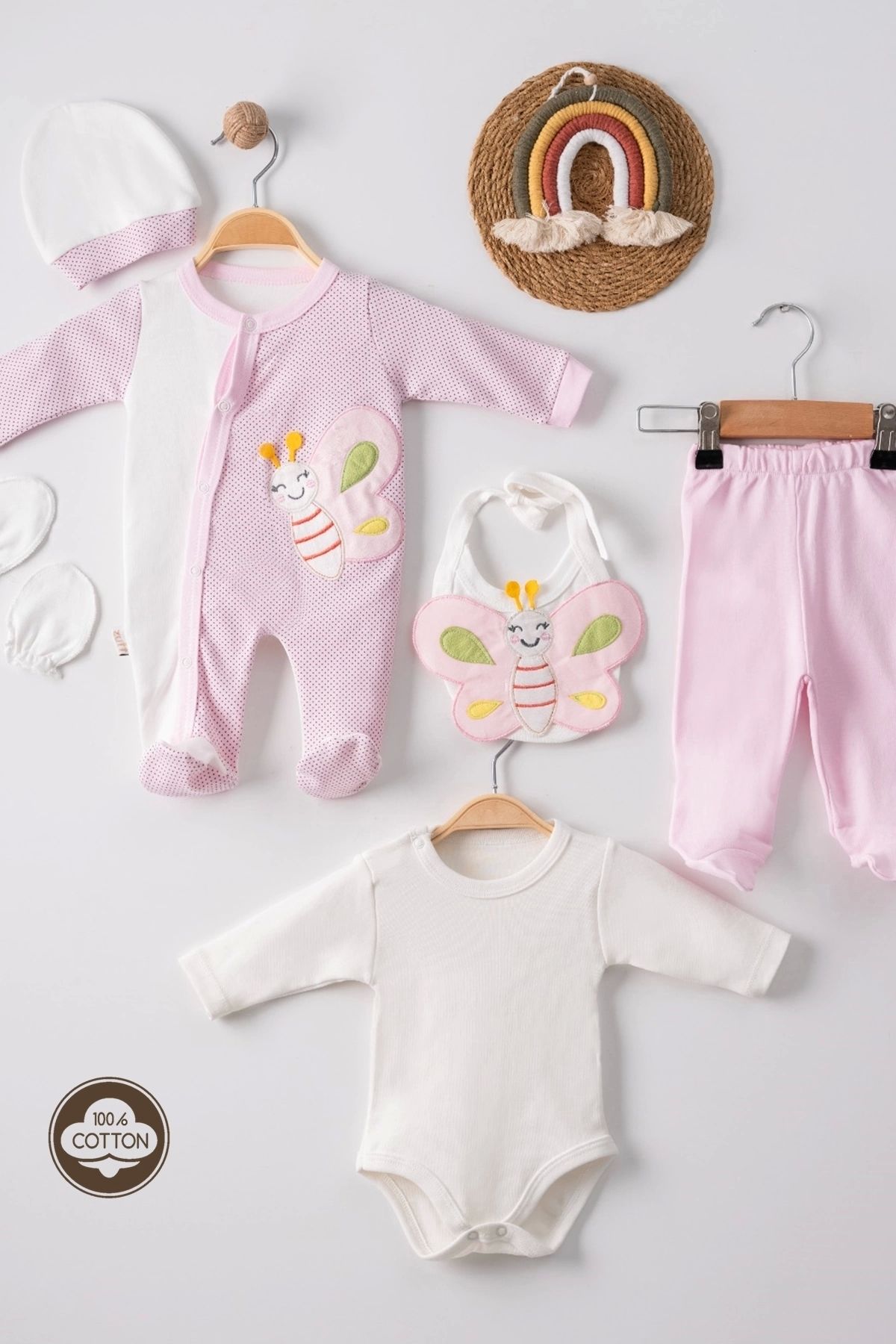 CNDR 3 Ay Kelebek Nakış Puanlı Tulumlu Kız Bebek 5'li Set Pembe