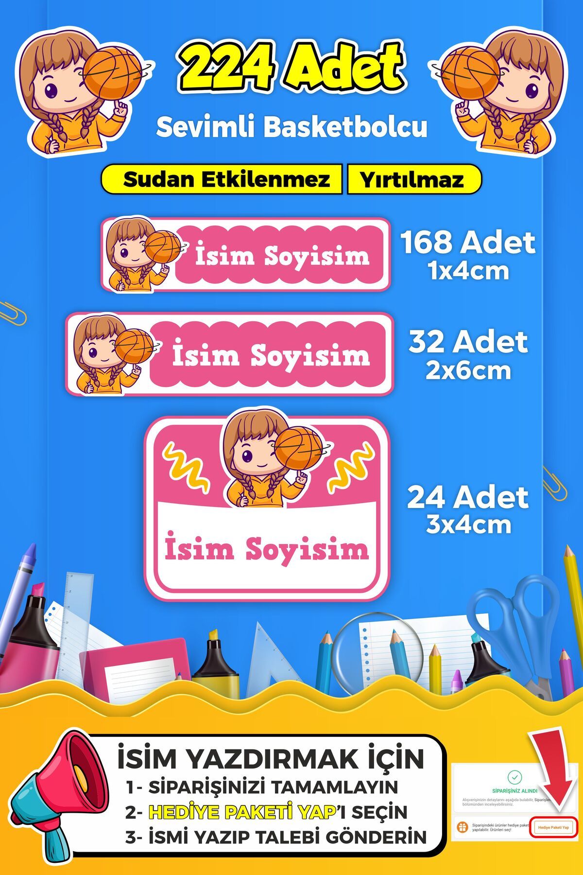 SB store Basketbol Temalı Okul Kreş Kişiye Özel İsim Etiket Seti - Model 250