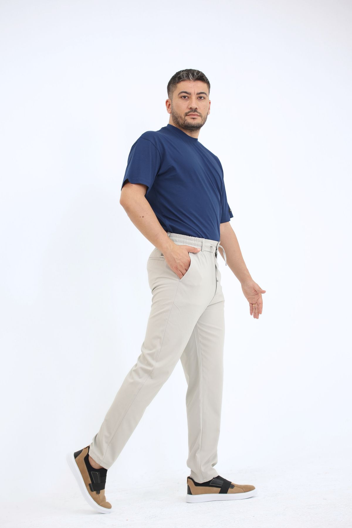 EXSPORT Erkek Yandan Cepli Beli Lastikli Bağcıklı Kemerli Relaxed Fit Rahat Kesim Coolkumaş Pantolon