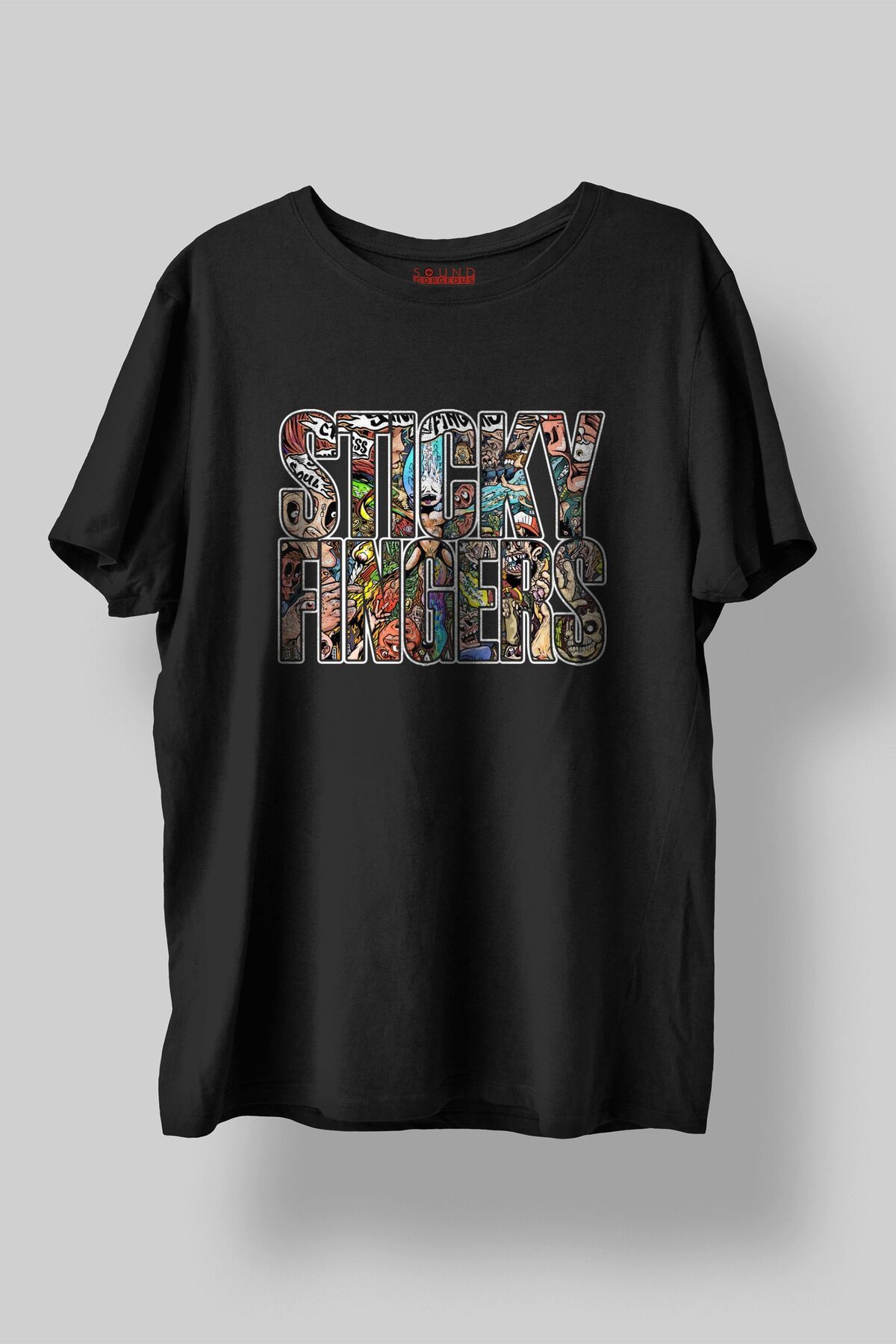 Sound Gorgeous Sticky Fingers Baskılı Regular Fit Unisex Siyah T-Shirt %100 Pamuk No:566