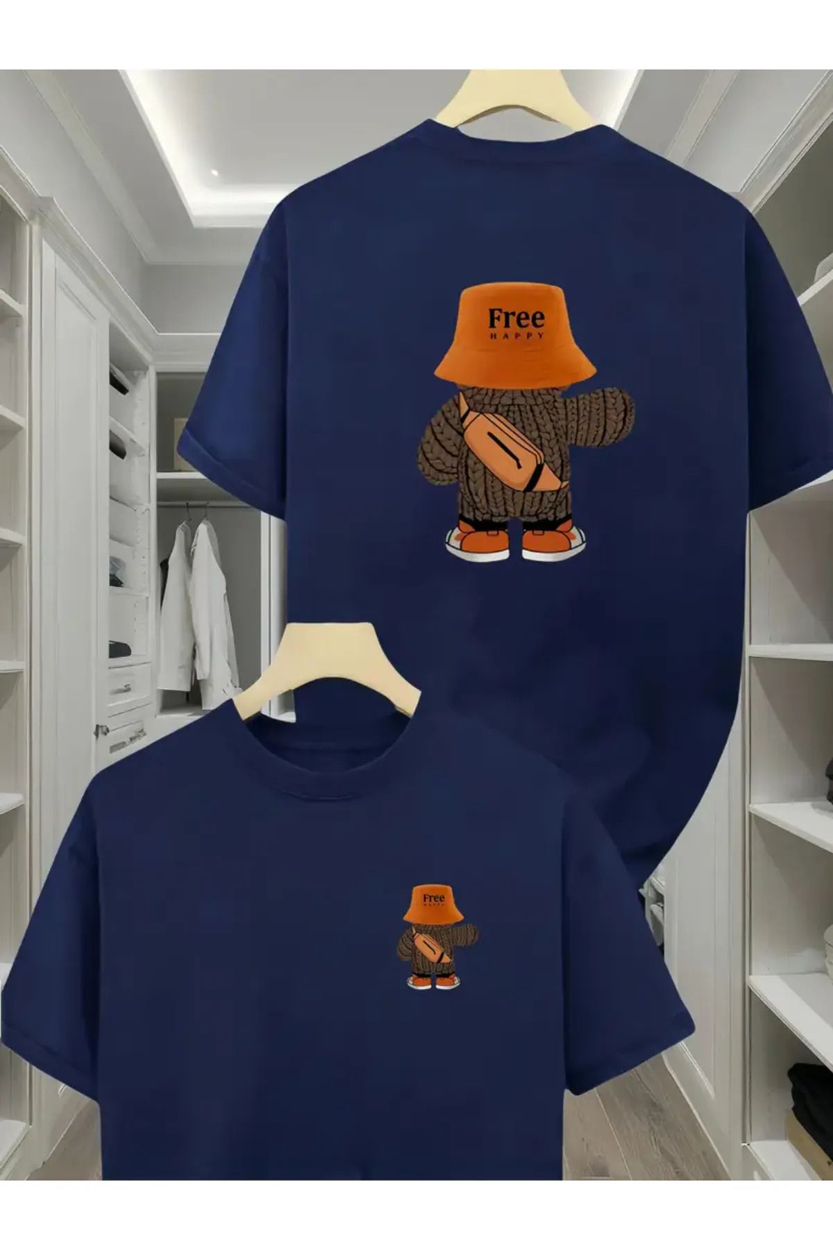 Koklonmoda Büyük Beden Unisex Free Happy Baskılı Oversize T-Shirt