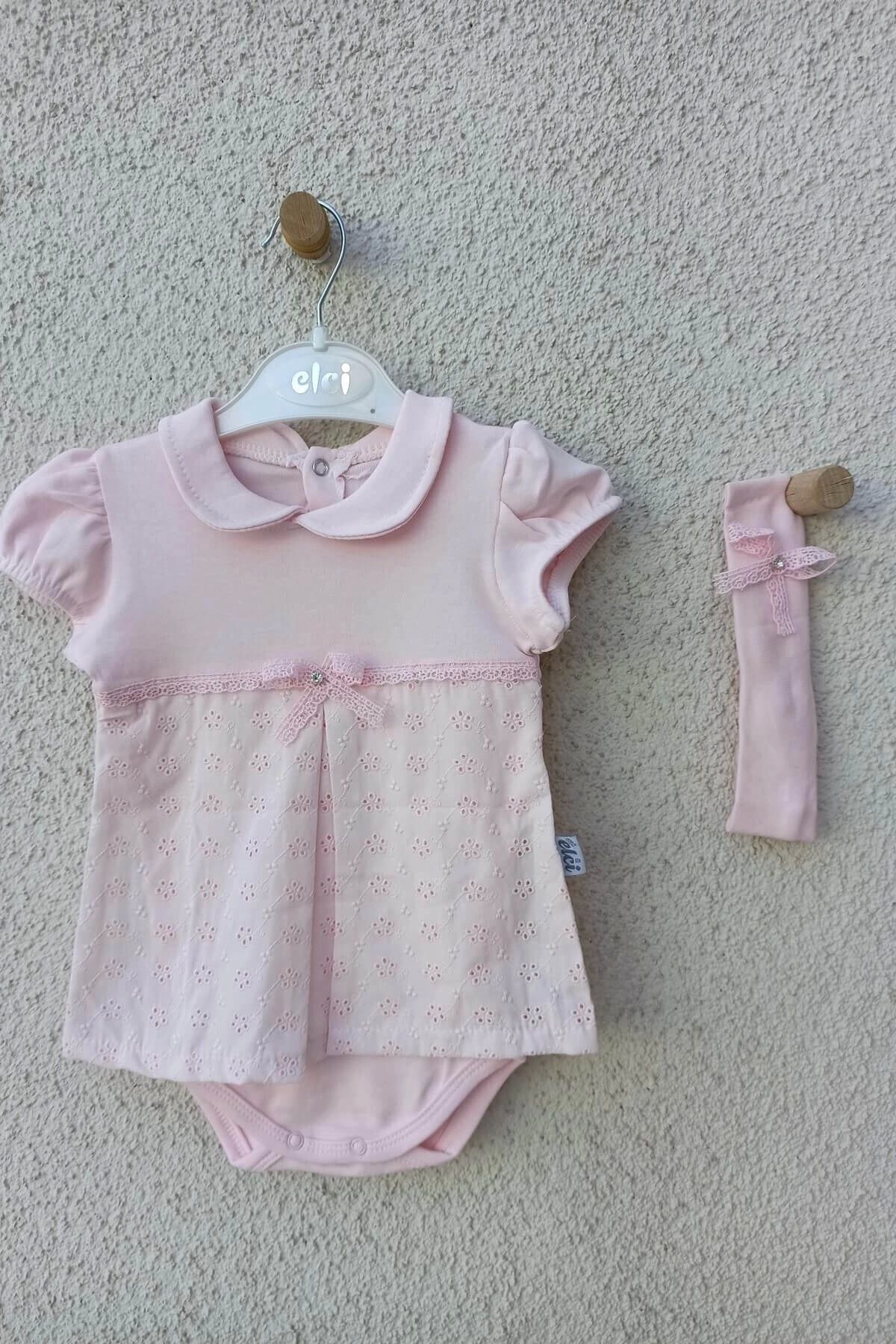 CNDR 3-9 Ay Bebek Yaka Çiçek İşlemeli Bandanalı Badi Pembe