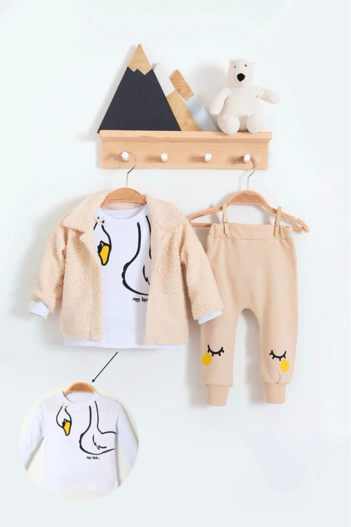 CNDR 3-18 Ay Kız Bebek Takımı Peluş Hırkalı 3 Lü Krem
