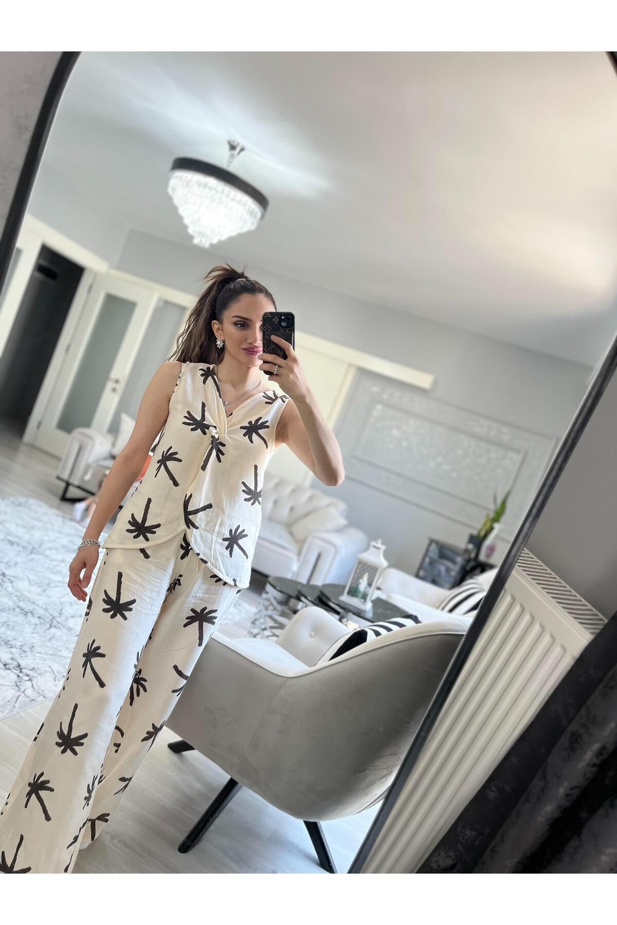 MODA Palmiye Desenli Keten Takım