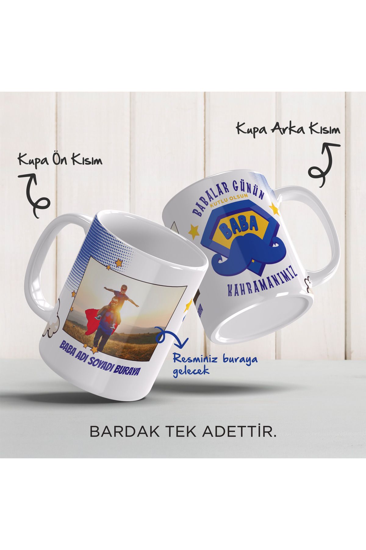 YELKOVAN TASARIM Babalar Gününe Özel Kişiselleştirilmiş Süper Kahraman Temalı Beyaz Porselen Kupa Bardak