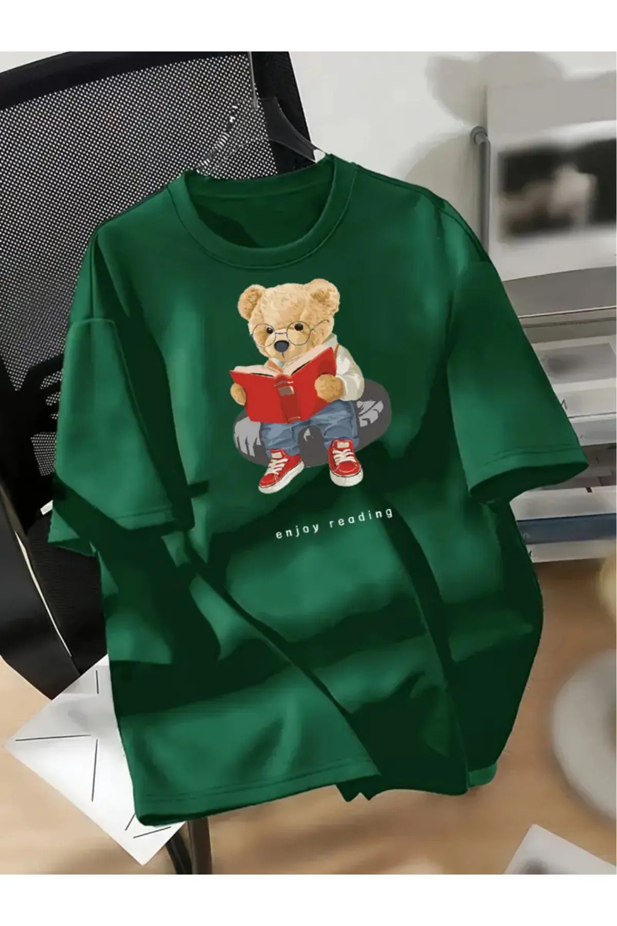 Koklonmoda Büyük Beden Unisex Book Bear Baskılı Oversize T-Shirt