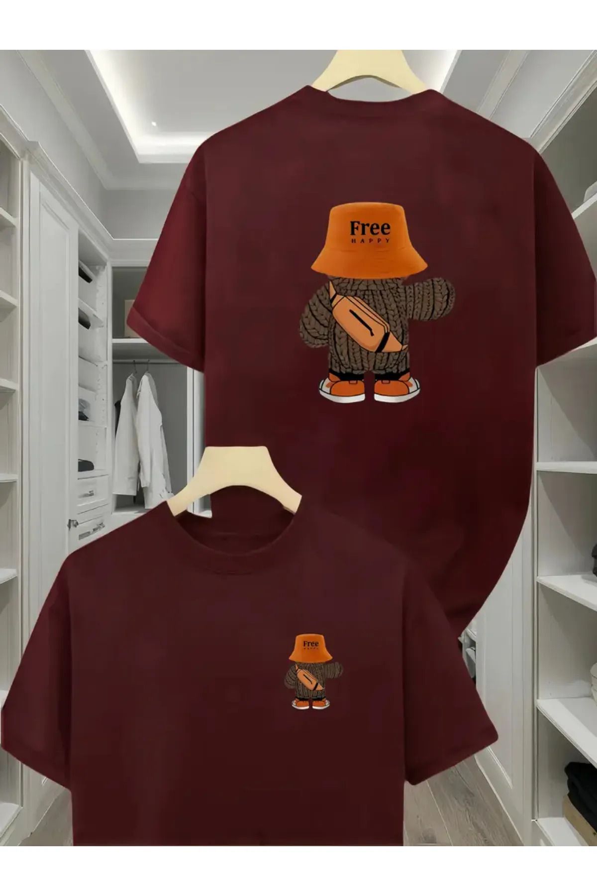 Koklonmoda Büyük Beden Unisex Free Happy Baskılı Oversize T-Shirt