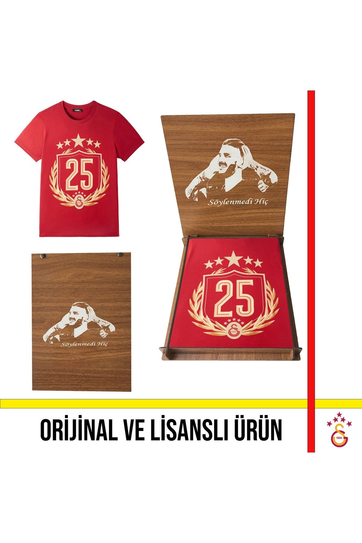 Galatasaray Lisanslı 2025 Şampiyonluk Kırmızı Özel Yetişkin T-Shirt İcardi Ahşap Kutulu