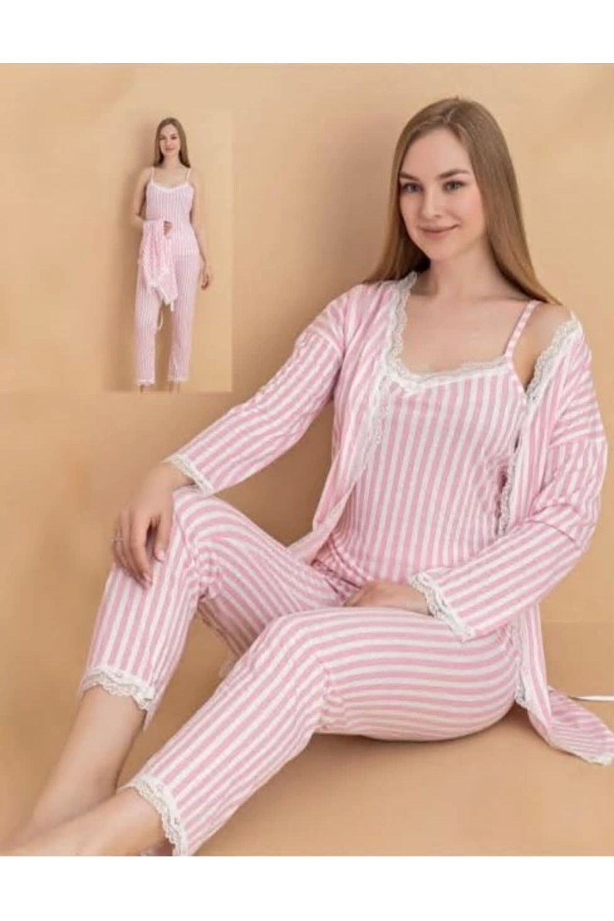 Kocabey 6064 Kadın Çizgili Askılı Sabahlıklı Pijama Takımı