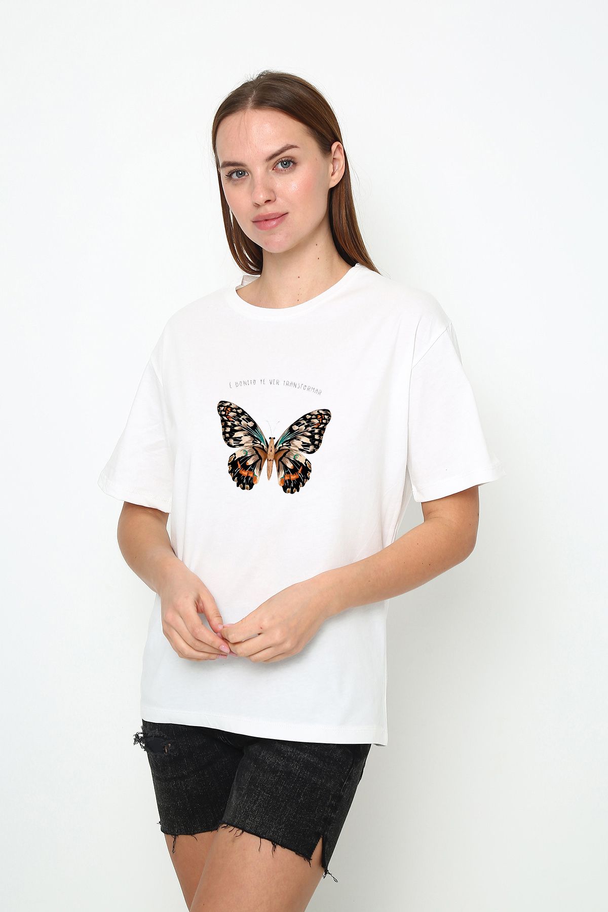 vikitekno oversize bisiklet yaka kelebek baskılı tasarım kadın t-shirt