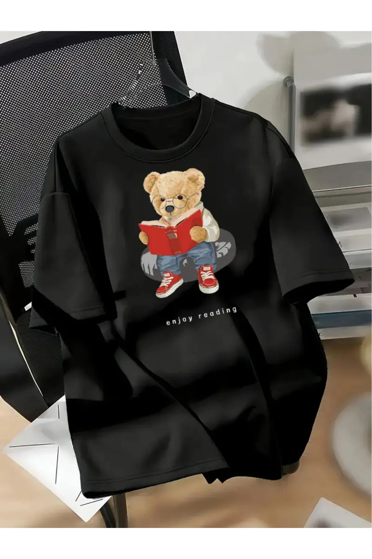 Koklonmoda Büyük Beden Unisex Book Bear Baskılı Oversize T-Shirt