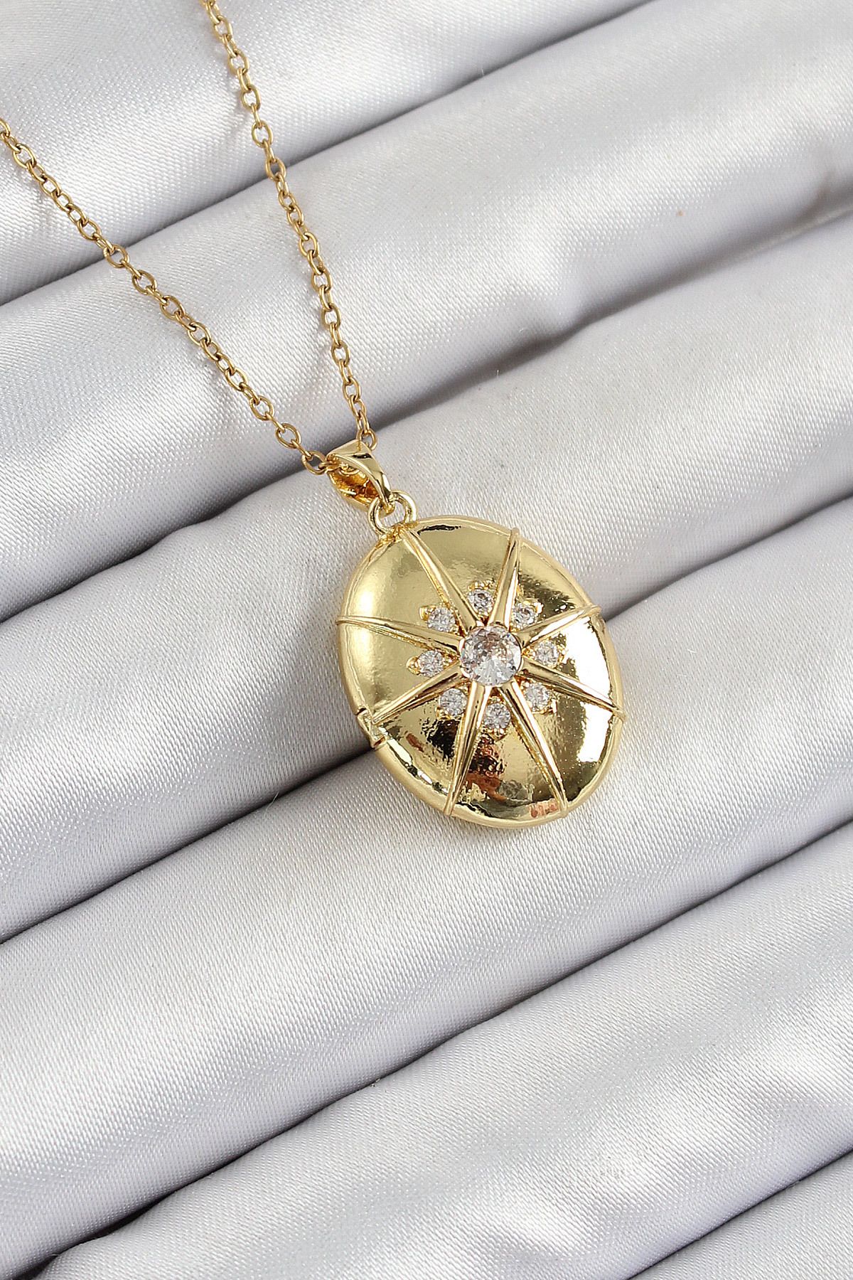 callerrons accessories Zincir Açılabilir Madalyon Model Zirkon Taşlı Gold Renk Kadın Kolye - EBJ250605W34529