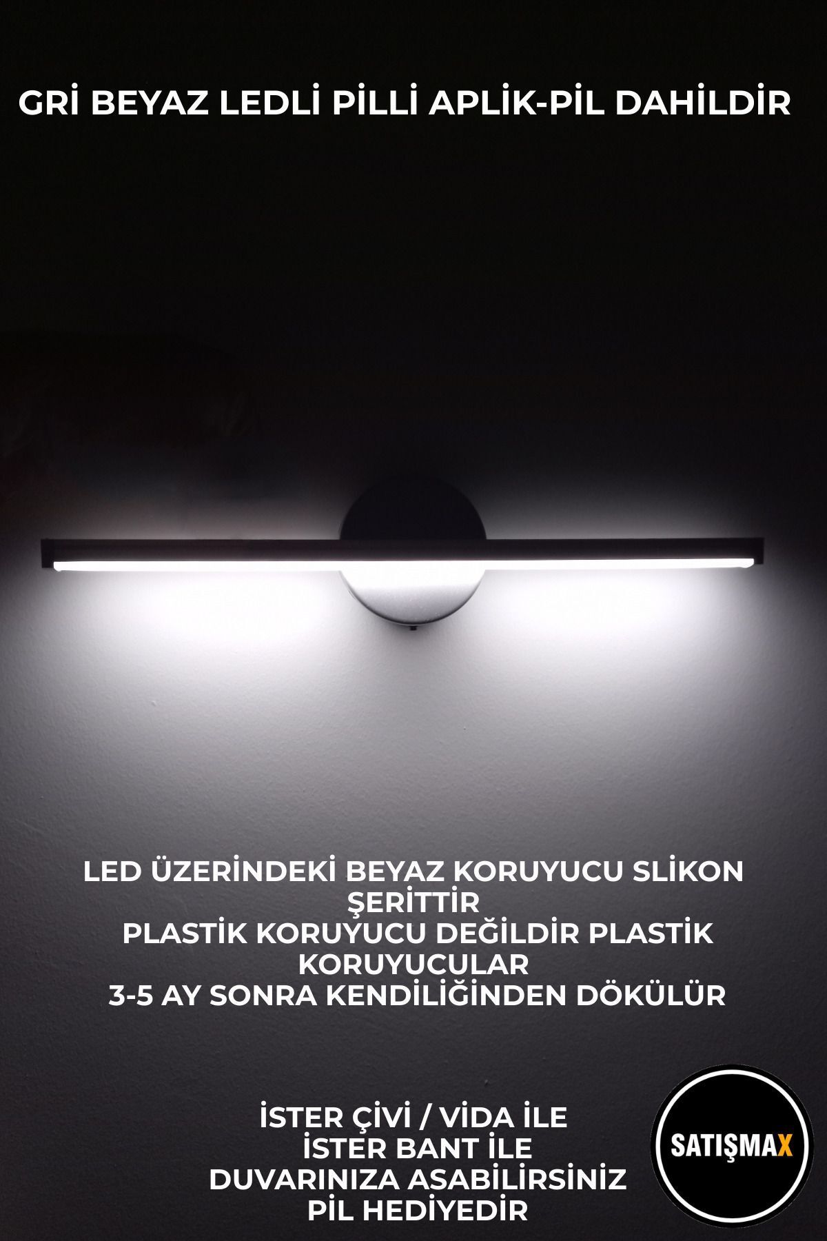 SerenityHaven Modern Kablosuz Tak Çalıştır Ledli Pilli Aplik Banyo Tablo Ayna Aydınlatma Gri Pil Dahildir