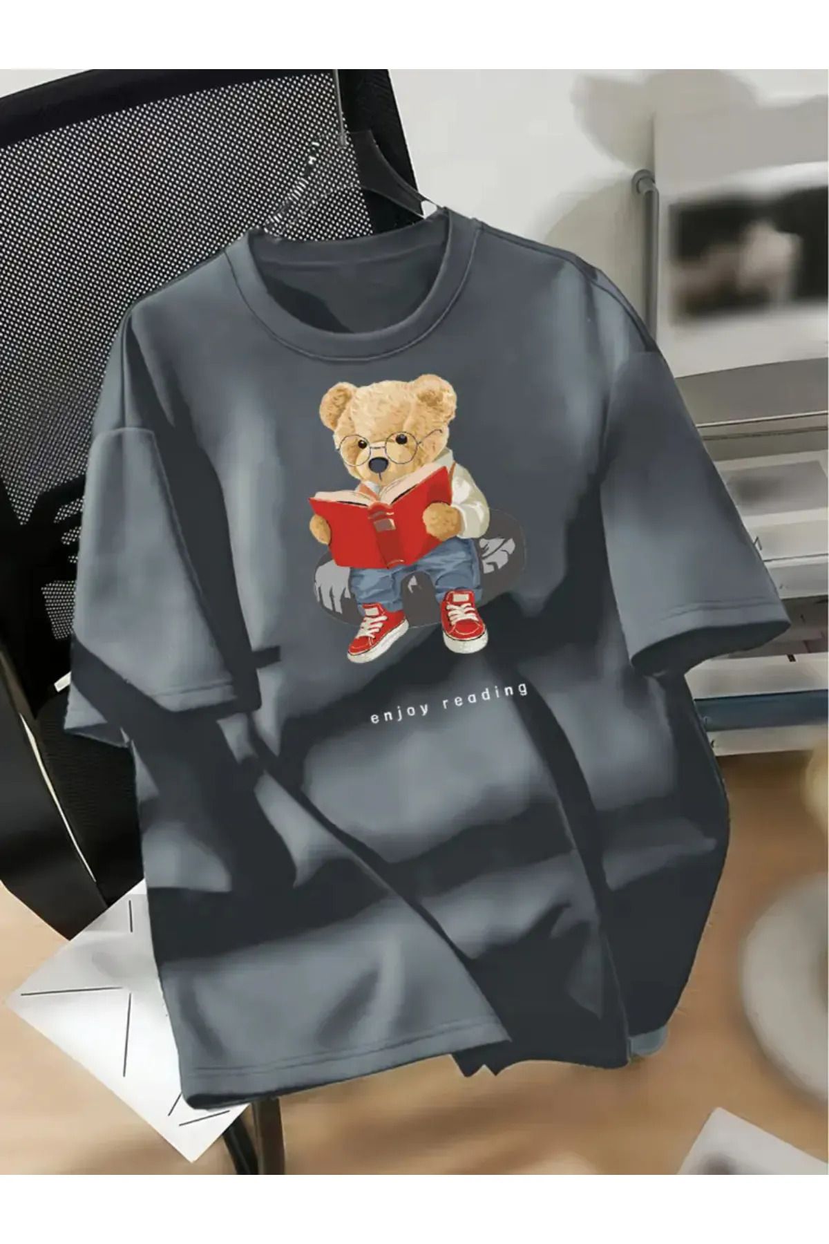 Koklonmoda Büyük Beden Unisex Book Bear Baskılı Oversize T-Shirt