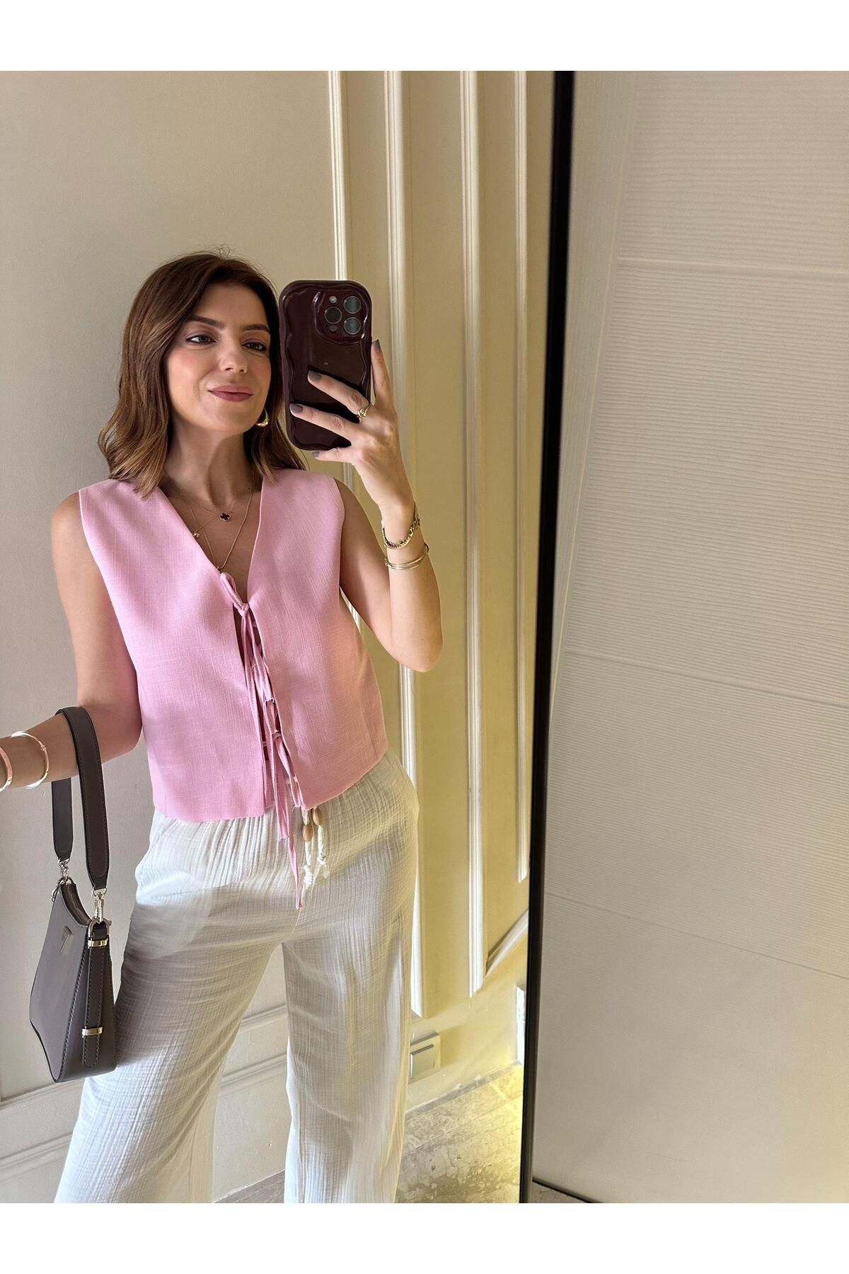Chamakh Pembe Kurdele Bağlama Keten Yelek