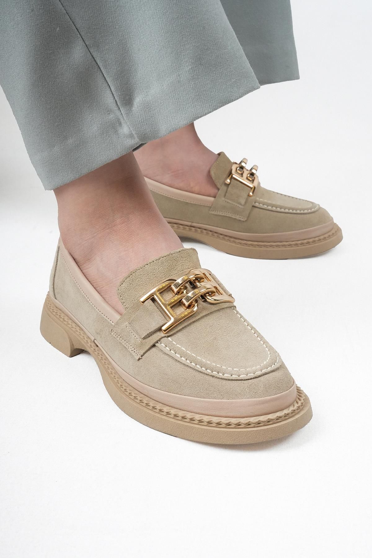 Stilbagshoes ORA HAKİKİ DERİ SÜET İTHAL TOKA DETAYLI LOAFER KADIN AYAKKABI BEJ