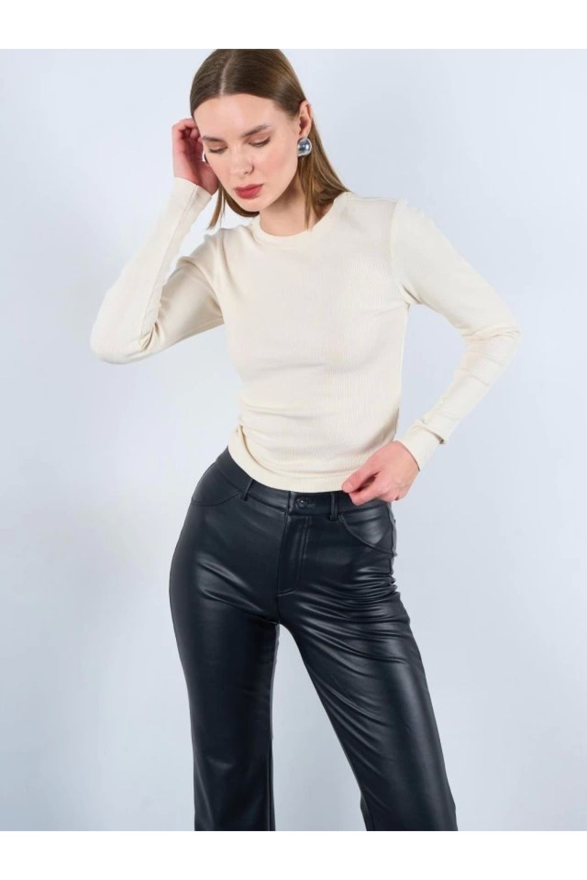 POLEXP Şık ve Rahat Ekru Uzun Kollu Body
