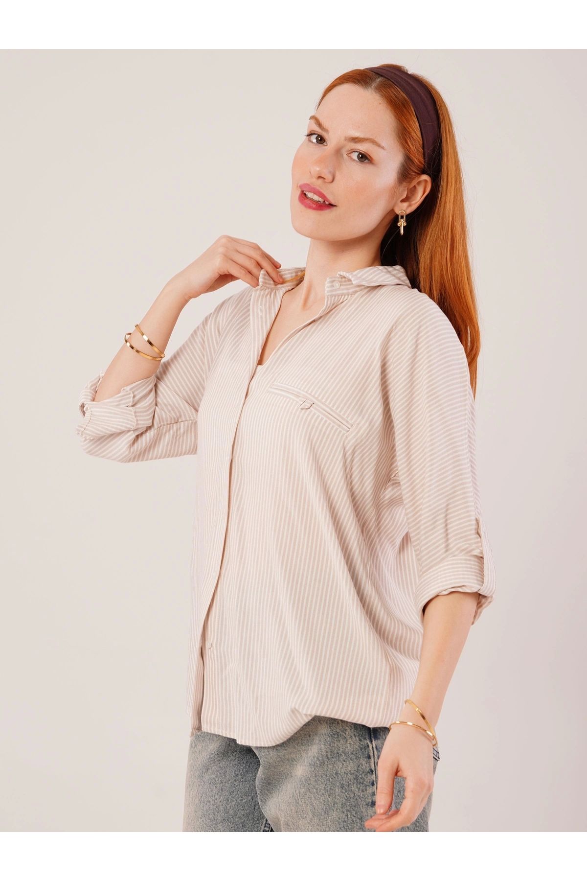POLEXP Oversize Krem Gömlek - Modern Çizgili Cep Detayıyla