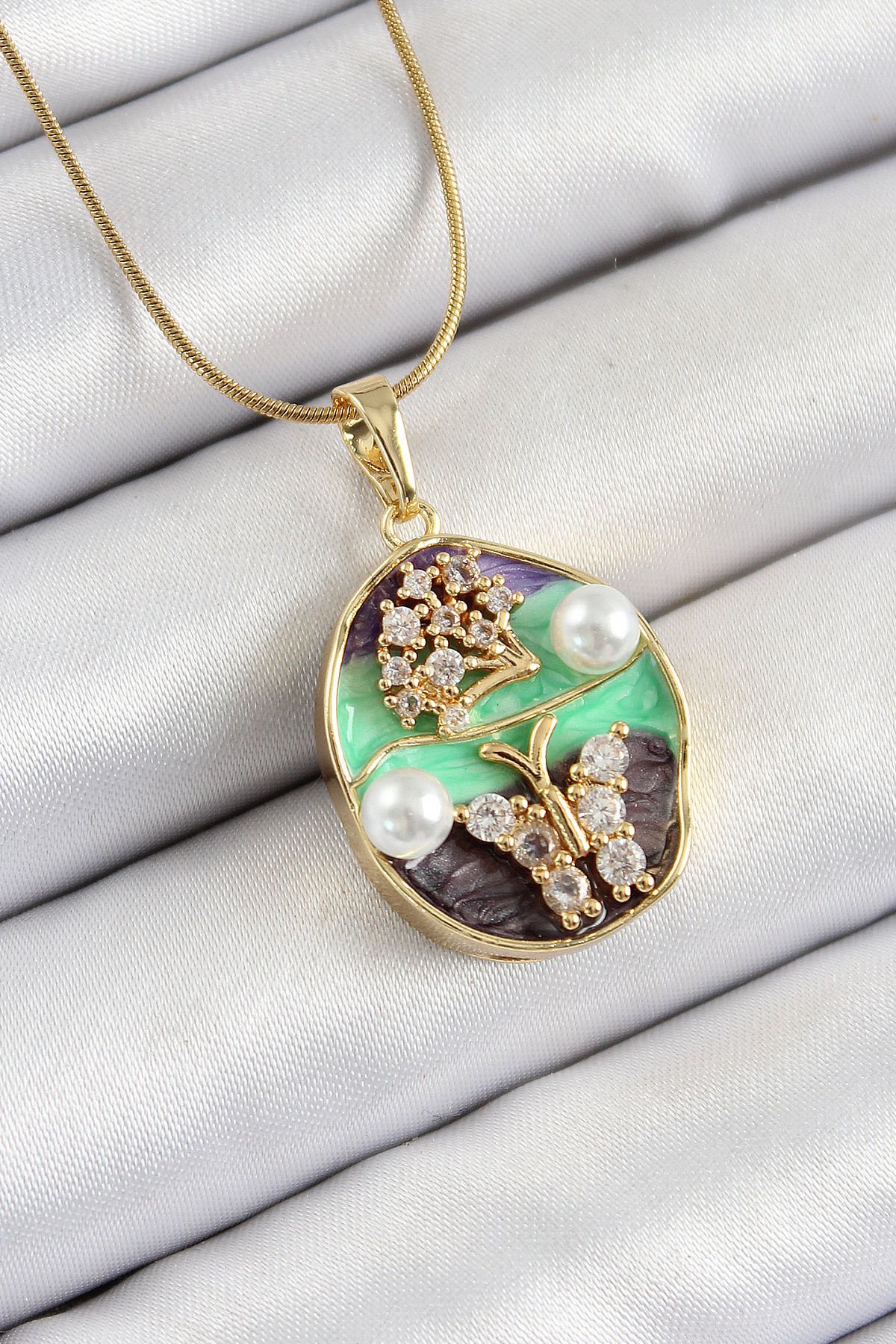callerrons accessories Zincir Zirkon Taşlı Yeşil Mor Sanatsal Portre İnci Detaylı Ağaç Ve Kelebek Figürlü Model Gold Renk K