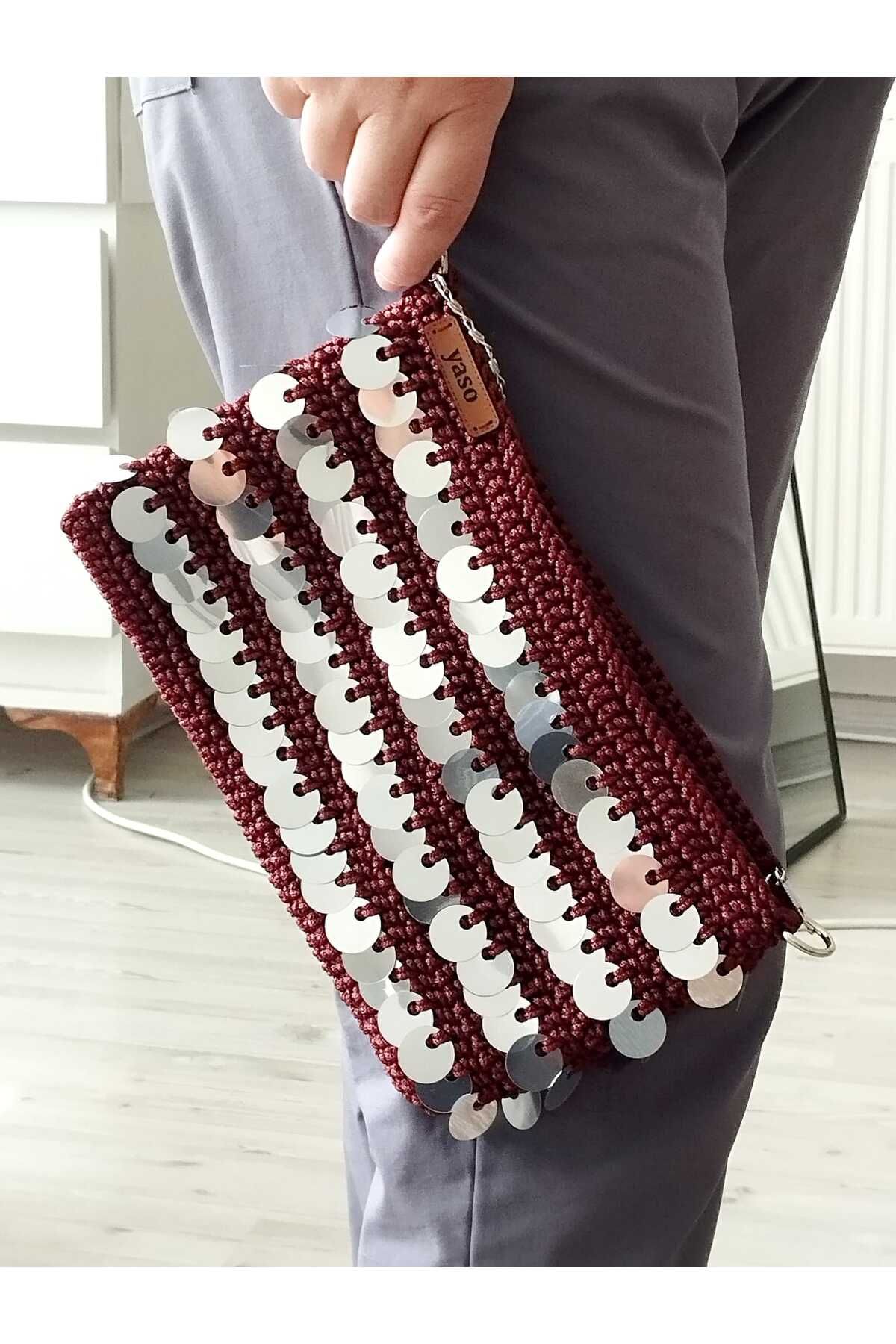 yaso shop Pullu Tığ İşi Bordo Gümüş Fermuarlı Payet Gece Çantası Zincir Askılı Çanta