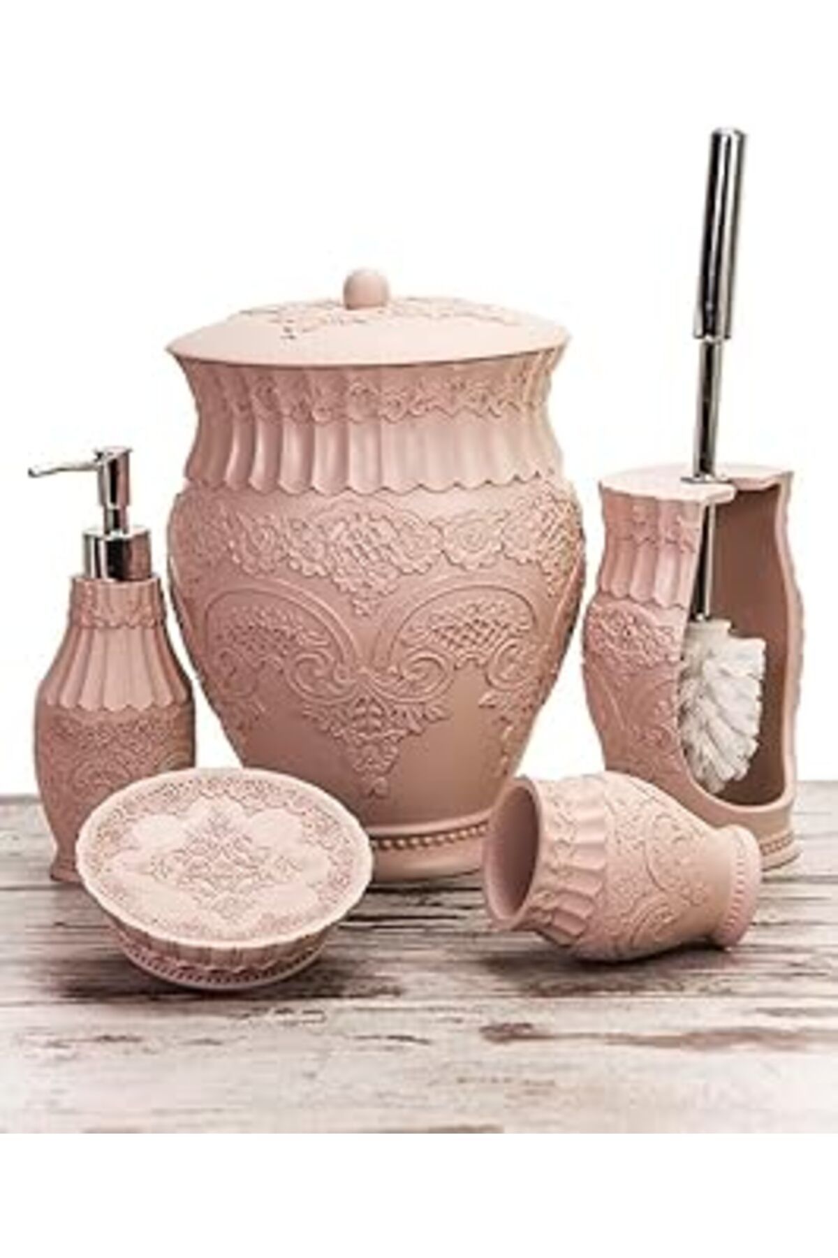 Mu Art Ahşap Mukko Home Polyester 5 Parça Banyo Seti/flora Pudra Pembe