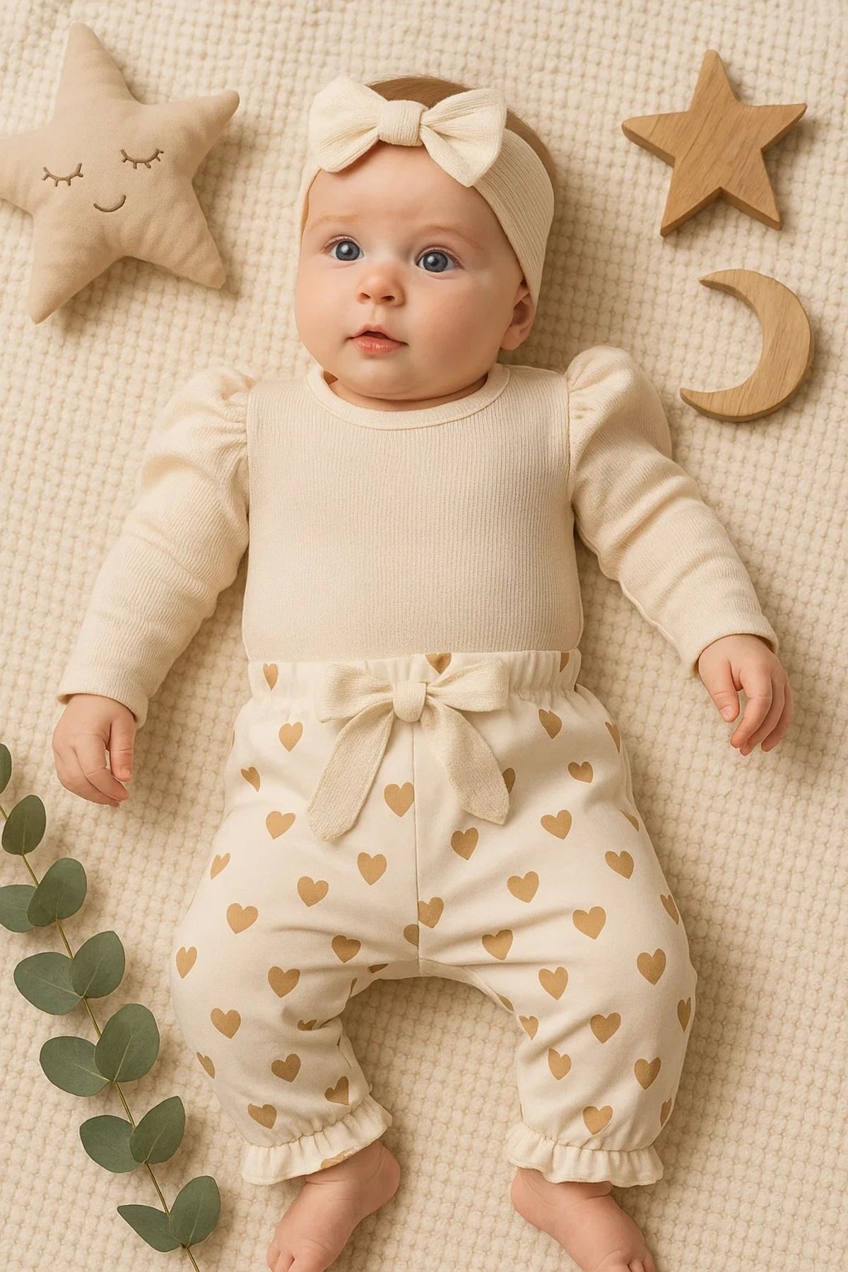 CNDR 3-18 Ay Bandana Kız Bebek Takımı Kalpli 3'lü Waffle Krem