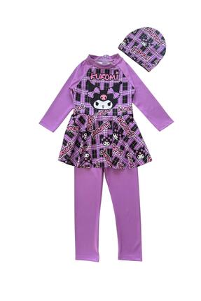 Şekerkids Kız Çocuk Mor Renk Kuromi Desenli Uzun Kollu ve Boneli Tulum Mayo