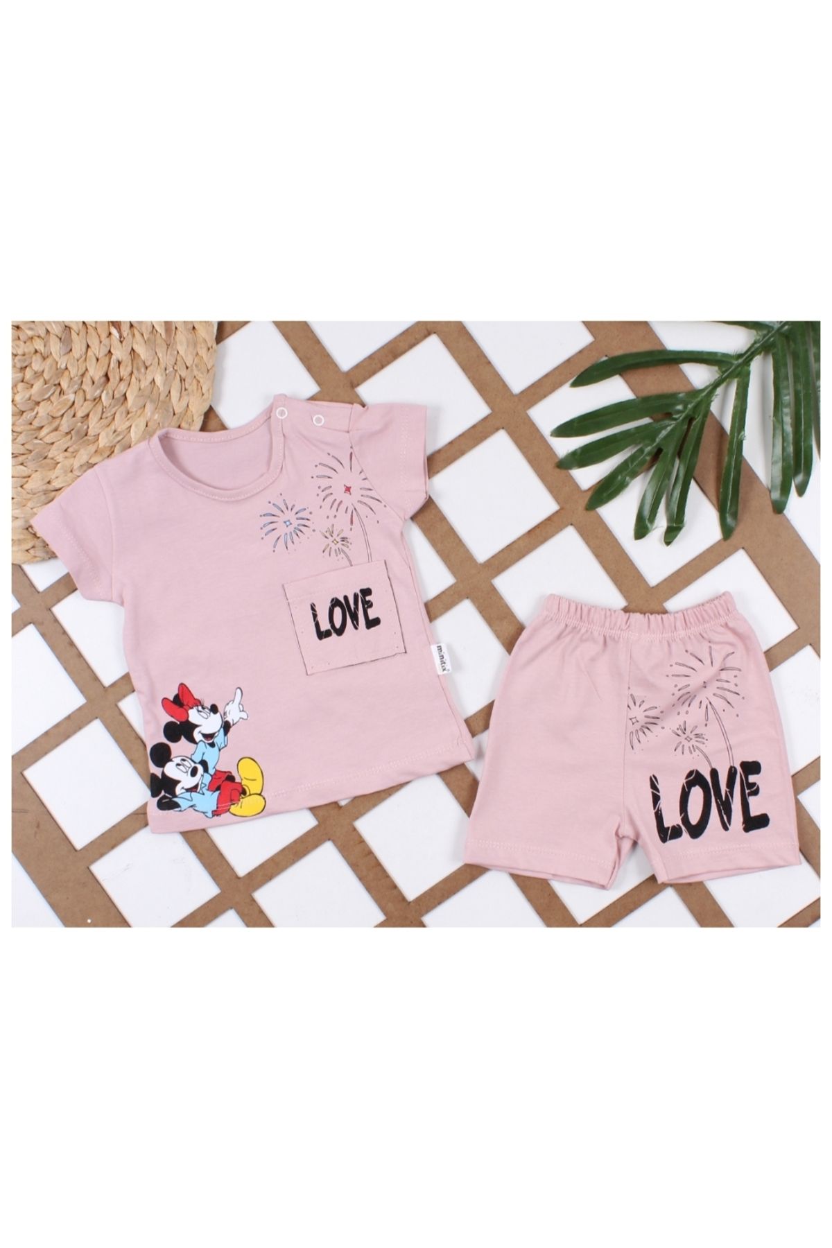 minitix Kız Bebek Minnie Mouse Baskılı % 100 Pamuklu Tişört - Şort Takım (9-24 Ay)
