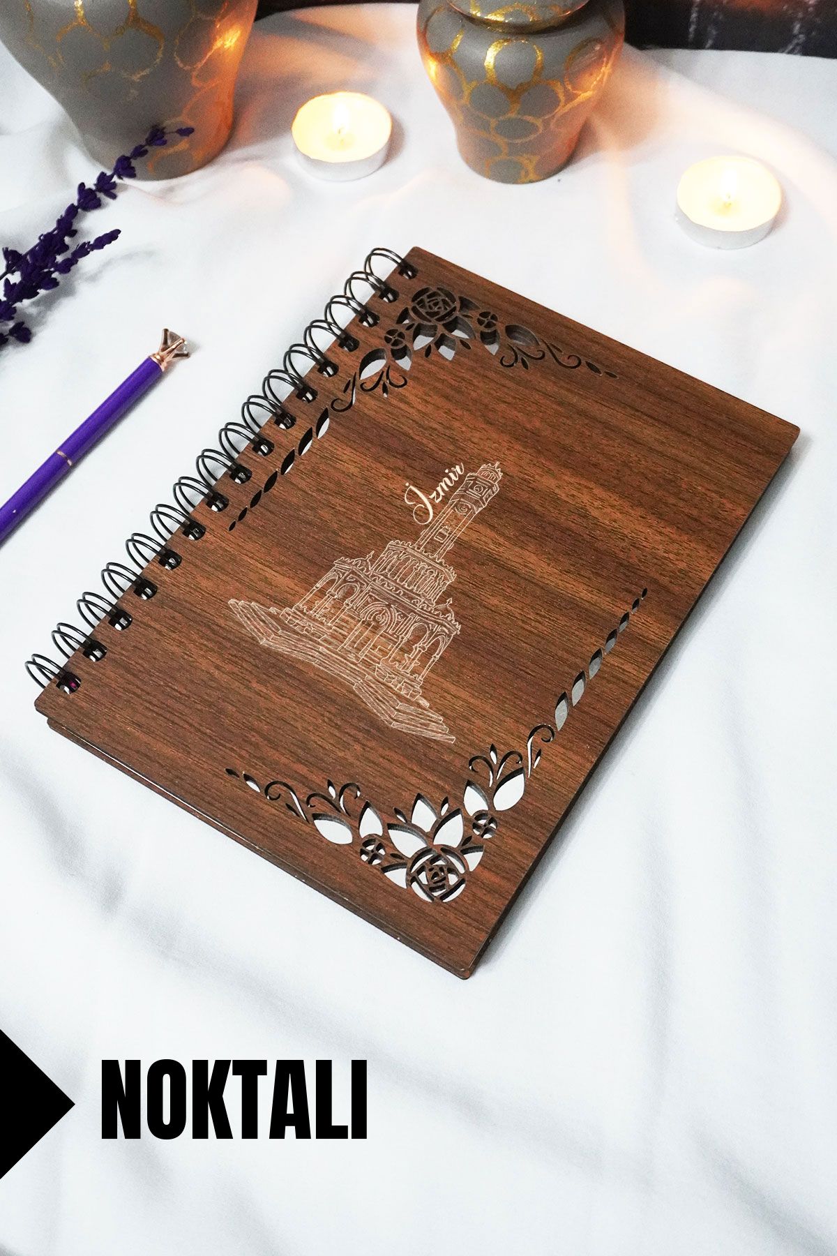 markcat İzmir Ahşap Kapaklı Defter - Noktalı Defter - 60 Yaprak (120 SAYFA) - A5 15x21 Cm