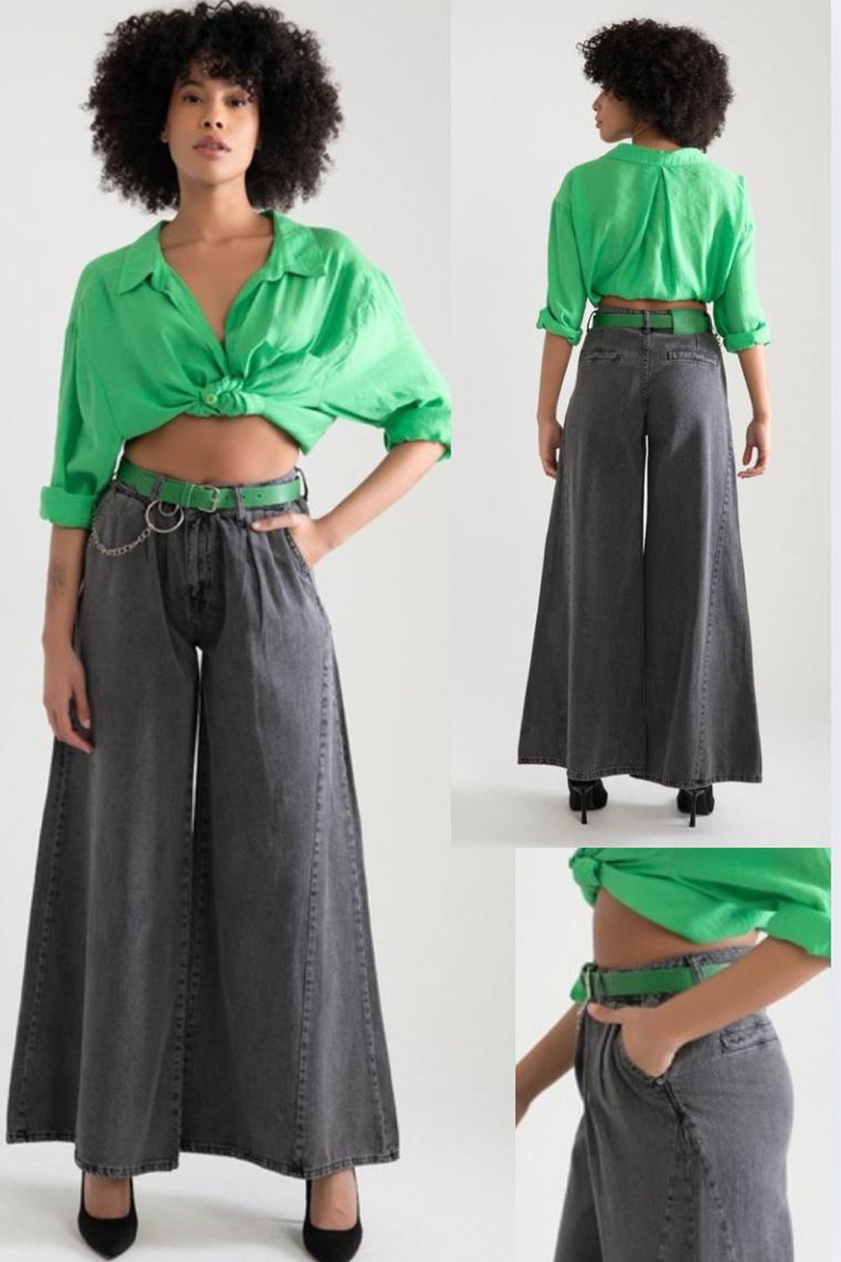 Jijass Jeans Kemerli palazzo Kot Pantolon