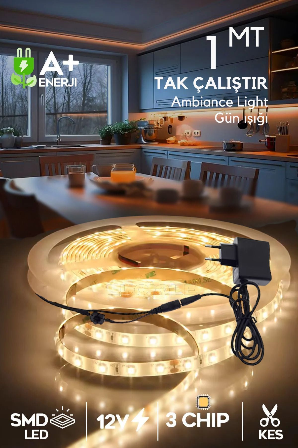 SerenityHaven Şerit Led 1 Metre Gün Işığı 3 Çipli Pro Ambiyans Aydınlatma Mutfak Salon Yatak Odası lambader
