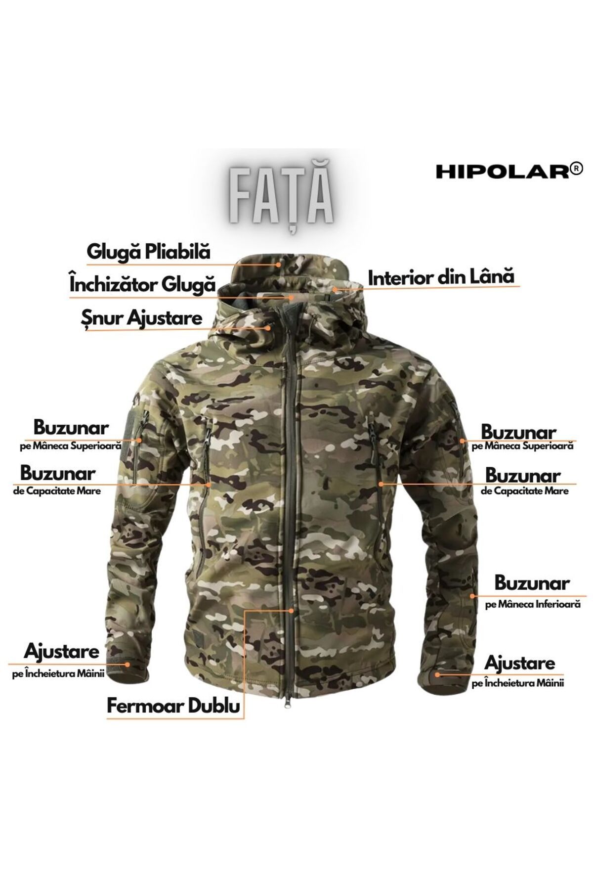 Hipolar-Jacket for Autumn-Winter, Size M, Softshell with Fleece Interior, Camouflage Multicam, Waterproof an 4