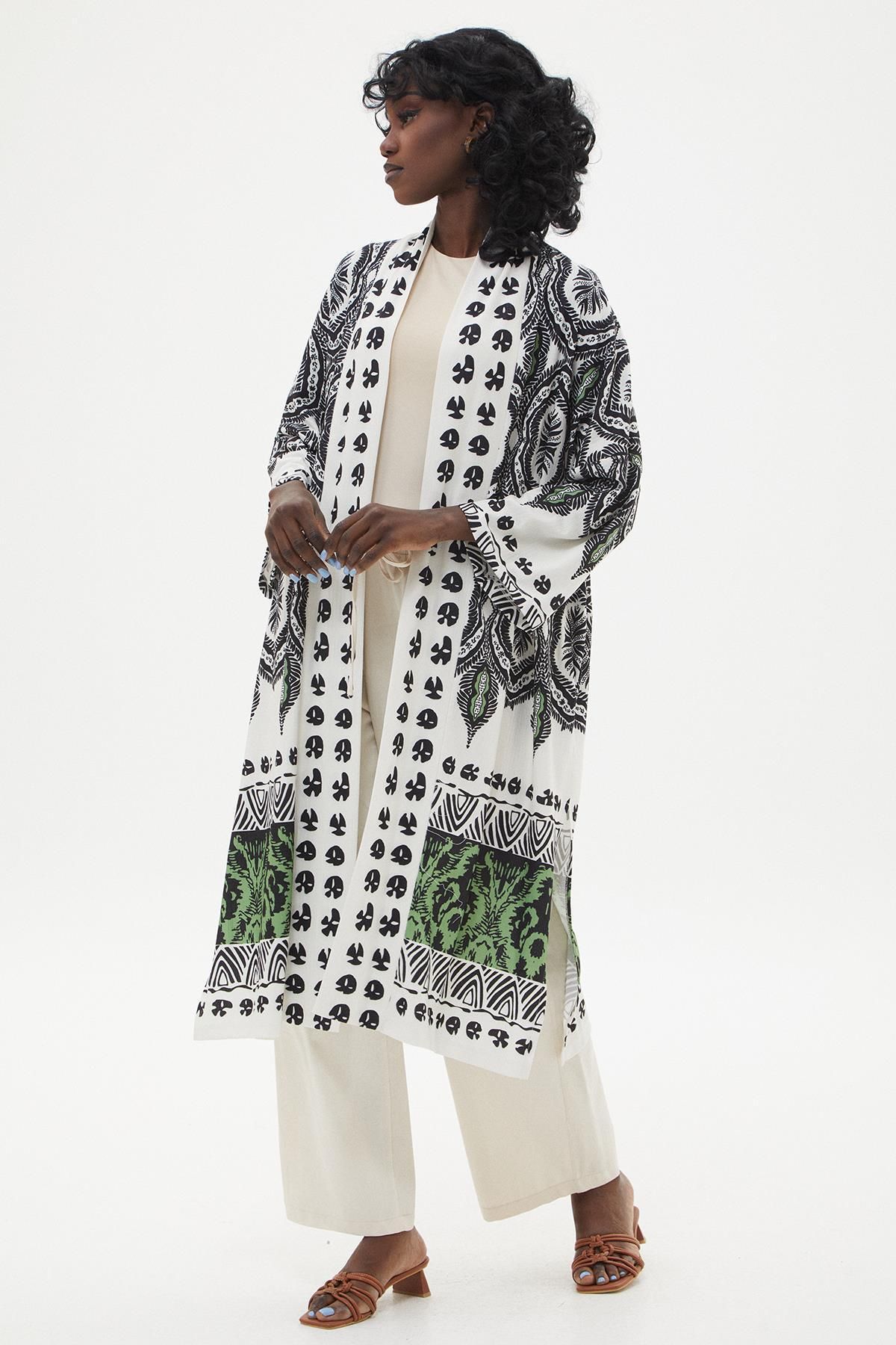 İKOL Etnik Desen Kimono -Siyah