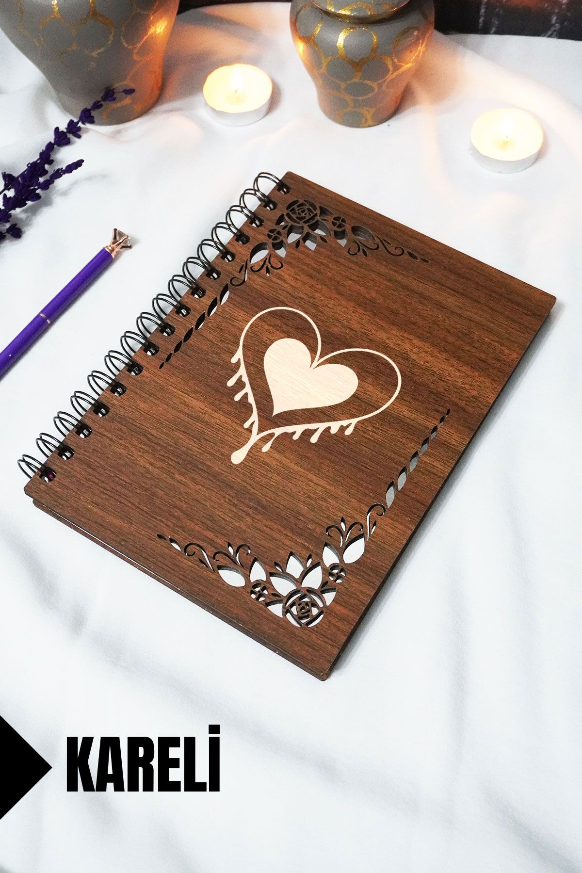 markcat Kalp Ahşap Kapaklı Defter - Kareli Defter - 60 Yaprak (120 SAYFA) - A5 15x21 Cm