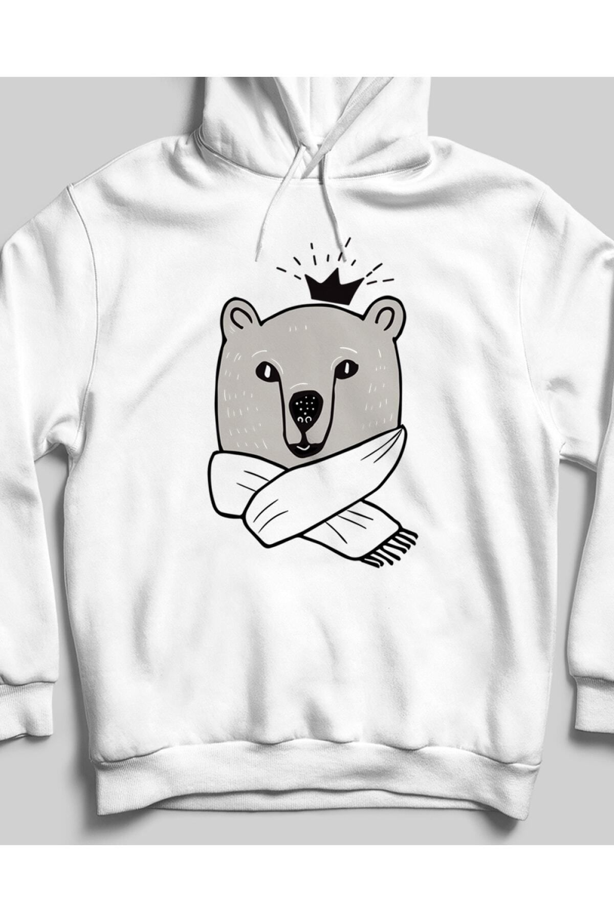 Pisa Art Unisex Beyaz Cool Bear Baskılı Kapüşonlu Sweatshirt