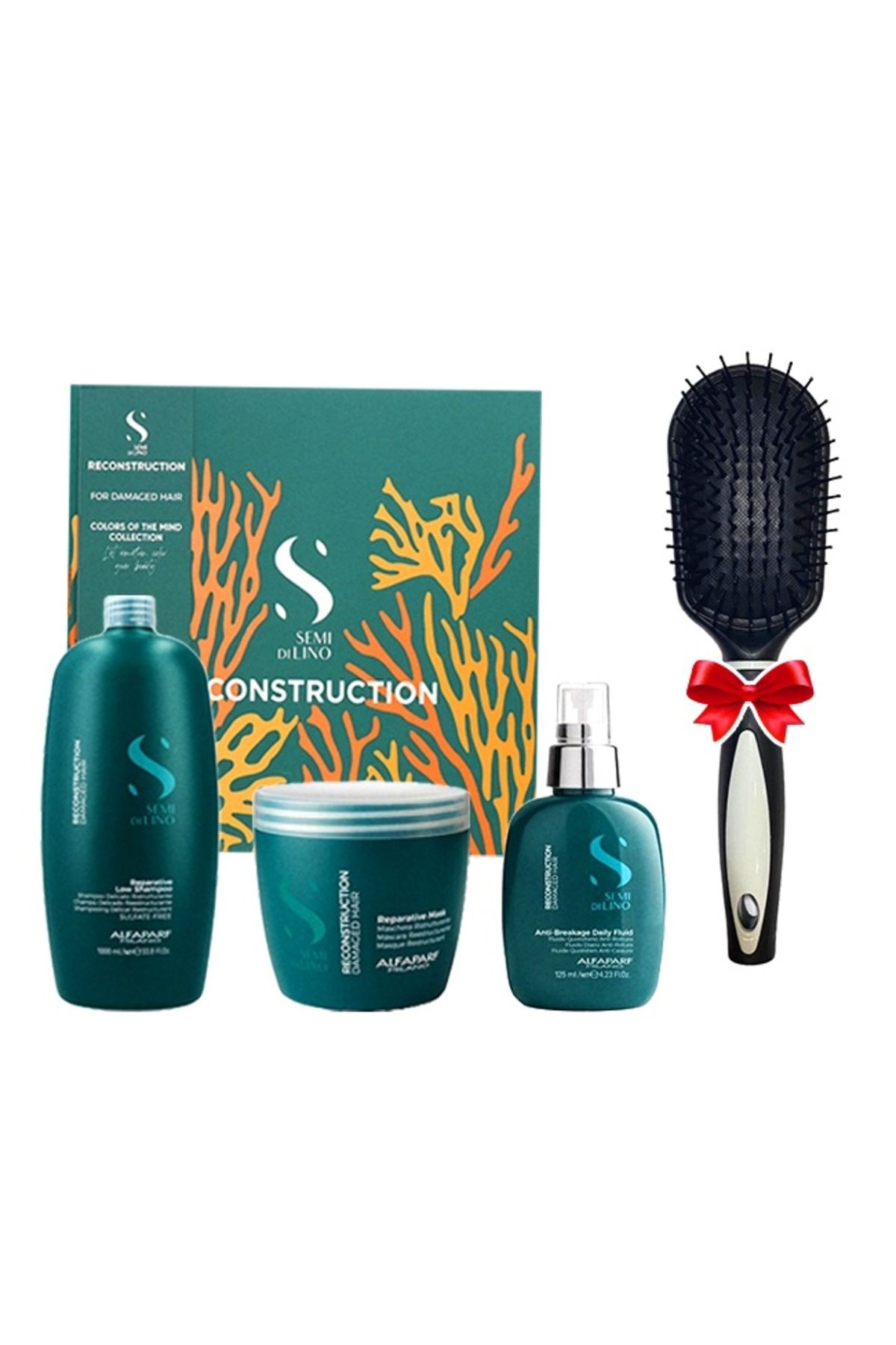 Alfaparf Milano-Set Reconstrucție Alfaparf Semi Di Lino: Șampon 1000ml + Mască 500ml + Fluid 125ml + Perie de păr 1