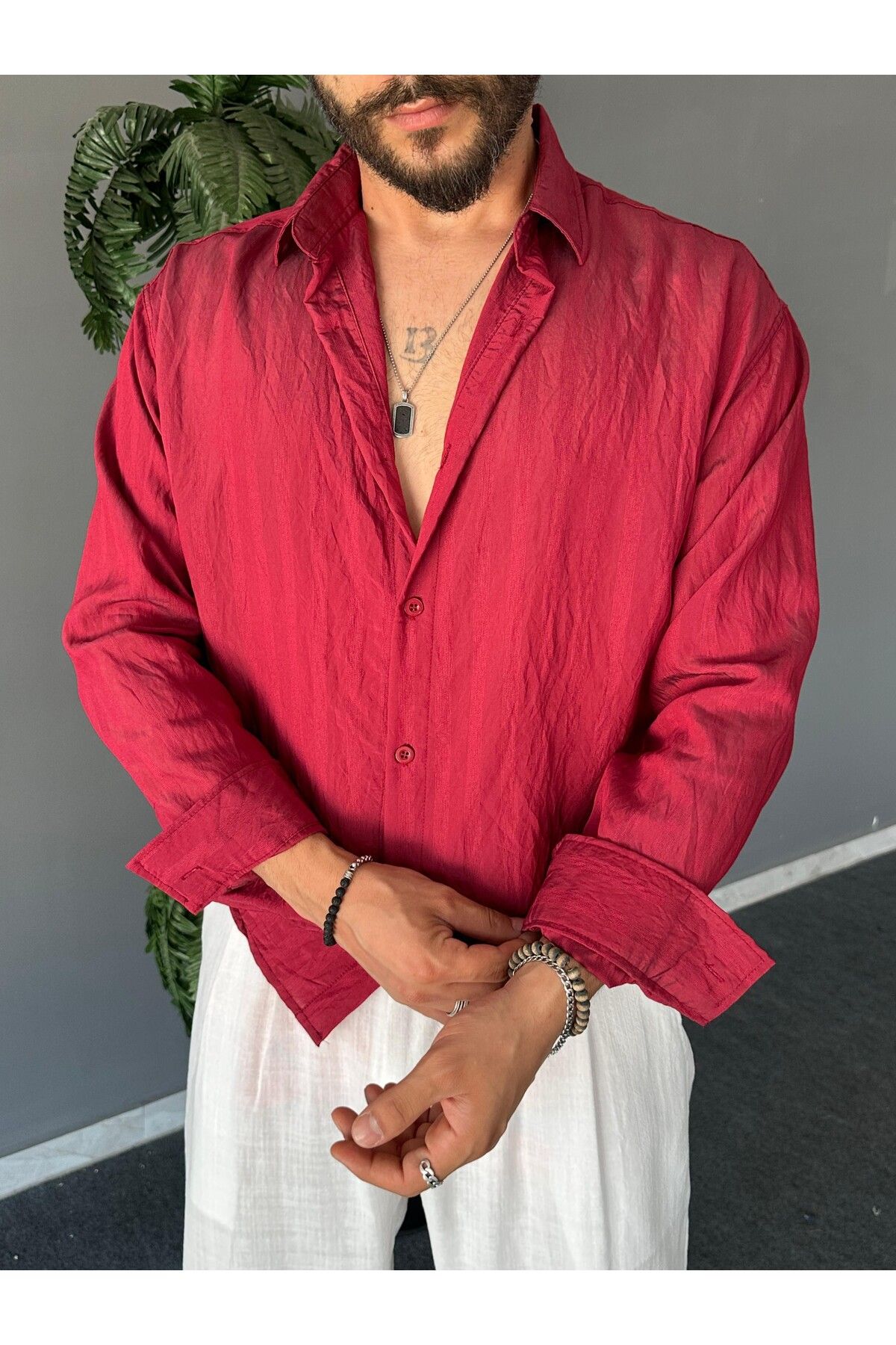 THEMANN Gizli Çizgili Modal Kumaş Bordo Oversize Gömlek
