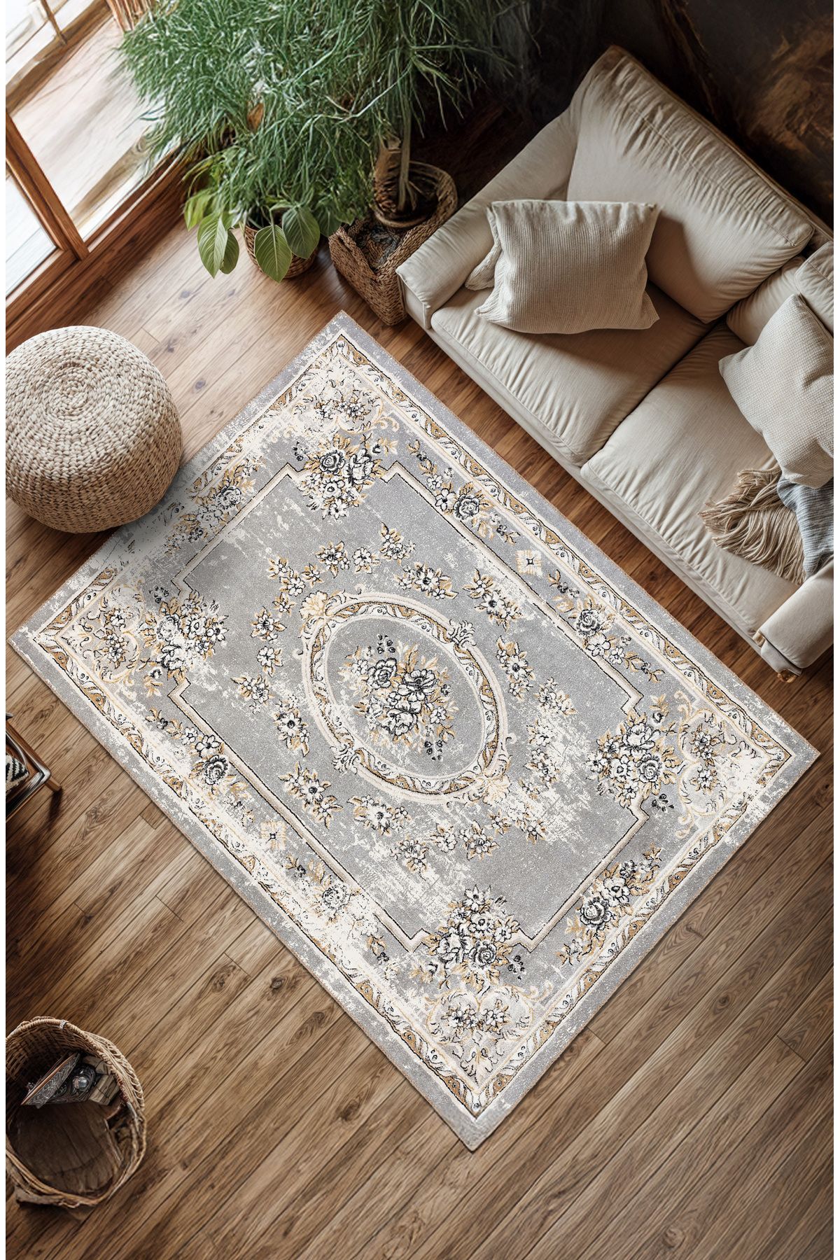 BigArts Home Makinede Yıkanabilir Kaymaz Taban Leke Tutmaz Vintage Gri Salon Halısı Mutfak Halısı ve Yolluk