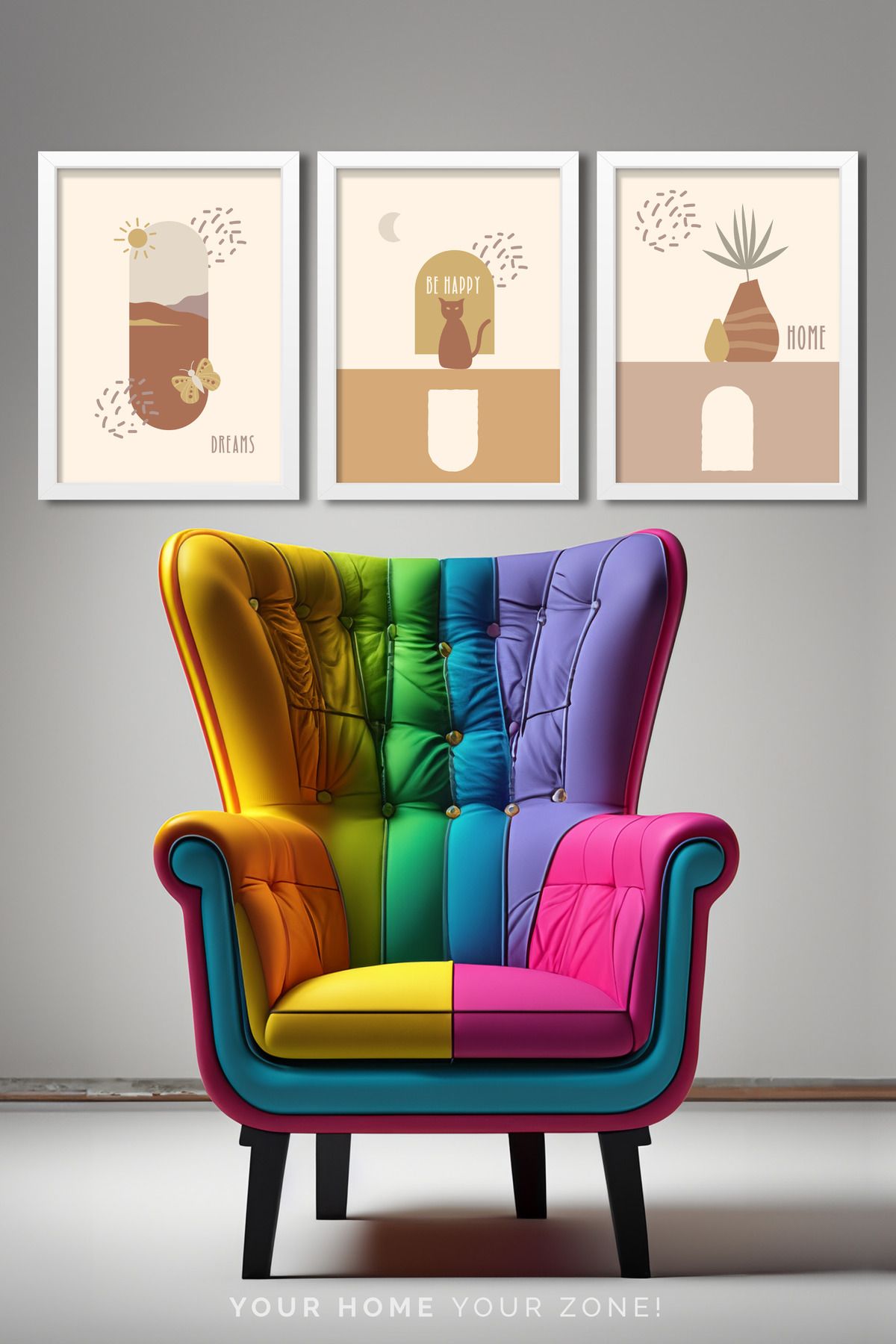 interGO HAPPY HOME | Dekoratif Tablo, Üç Parça Çerçeve Tasarımlı MDF Tablo Seti, 30 x 40 cm