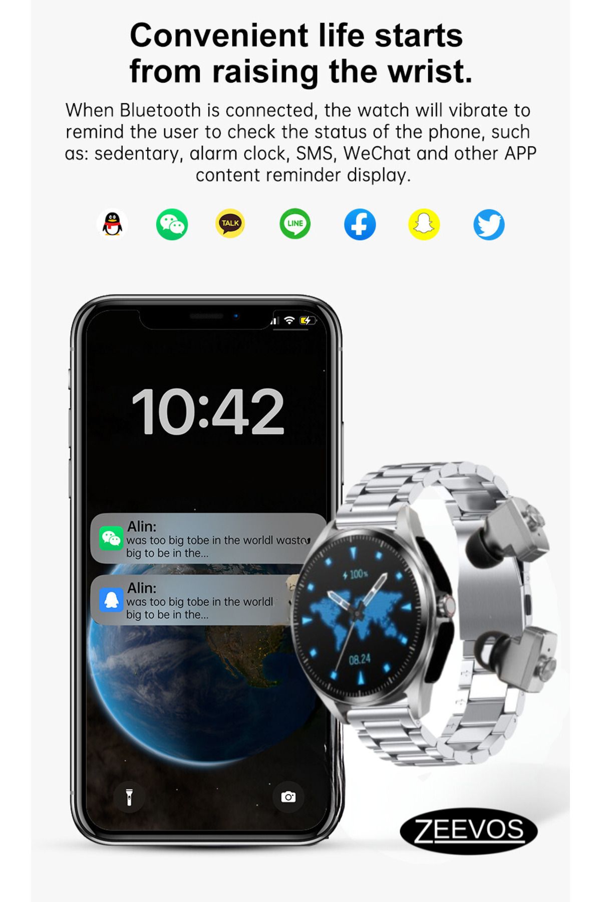 zeevos-f26 smartwatch with built-in Bluetooth headphones, NFC, 4G internal memory, Bluetooth call, 2