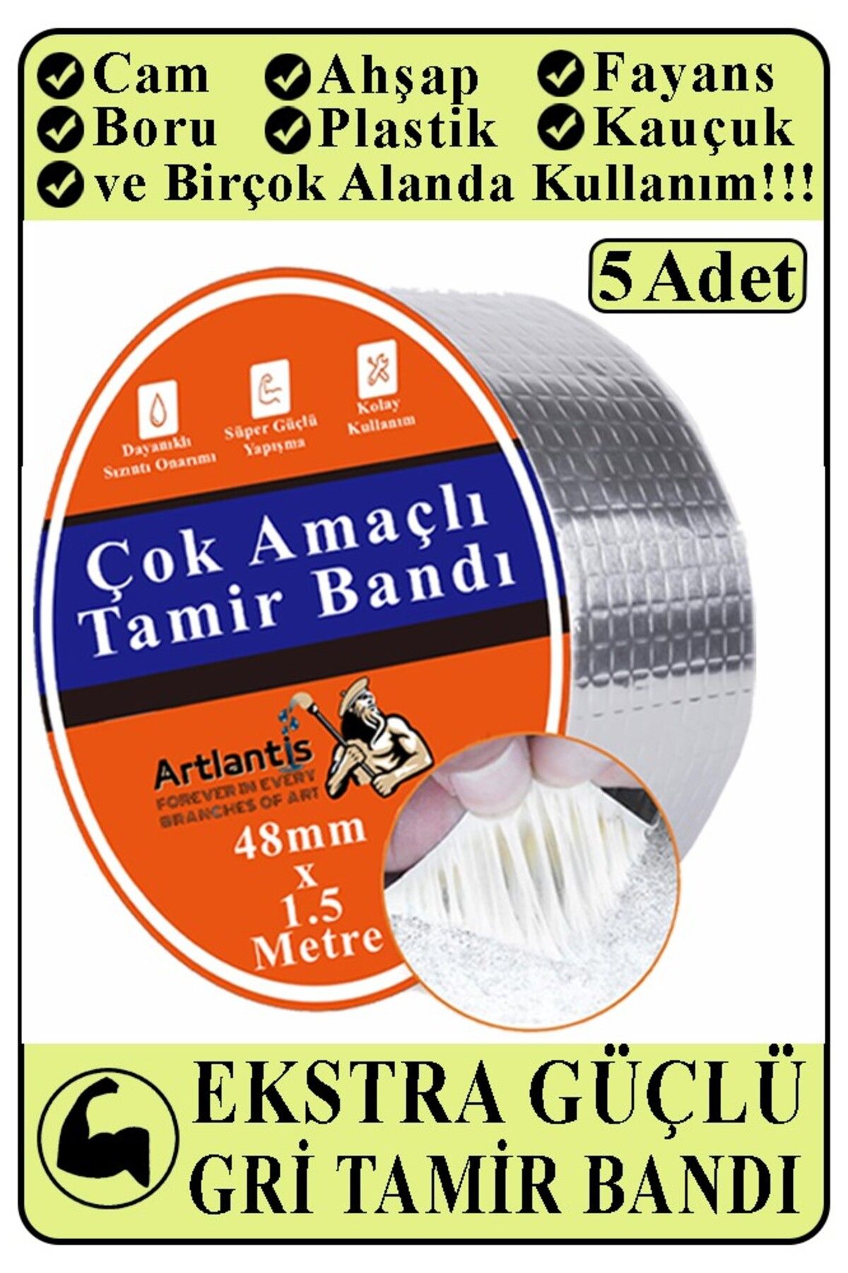 Artlantis Çok Amaçlı Tamir Bandı 5 Adet Su Geçirmez Sızdırmaz Isıya Dayanıklı Sakız İzole Gri Tamir Bant 48mm