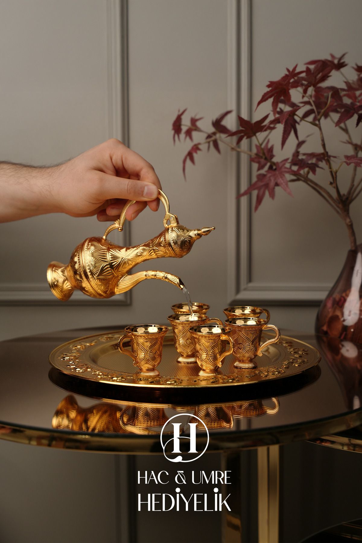 Hac Umre Hediyelik-Zemzem Team |   Gold Zemzem Presentation Set |   Zemzem Tray, Jug and Cup Set 2