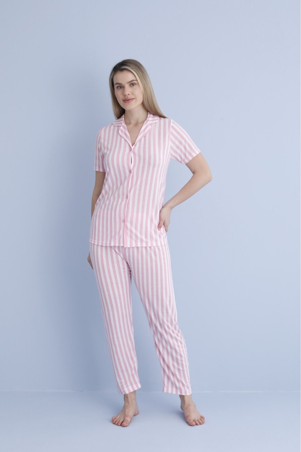 PİJART Pembe çizgili Düğmeli viskon pijama takımı