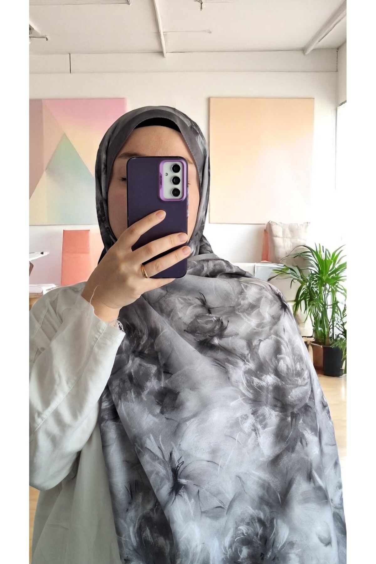 Lavena scarfs Bahar Serisi Çiçekli Desen Pamuklu Dijital Soft Şal - Siyah