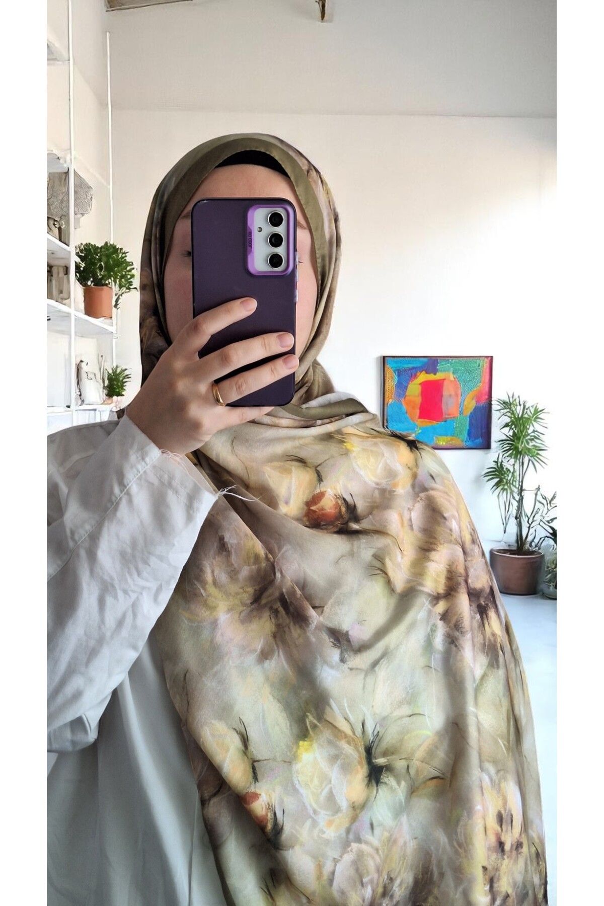 Lavena scarfs Bahar Serisi Çiçekli Desen Pamuklu Dijital Soft Şal - Yeşil