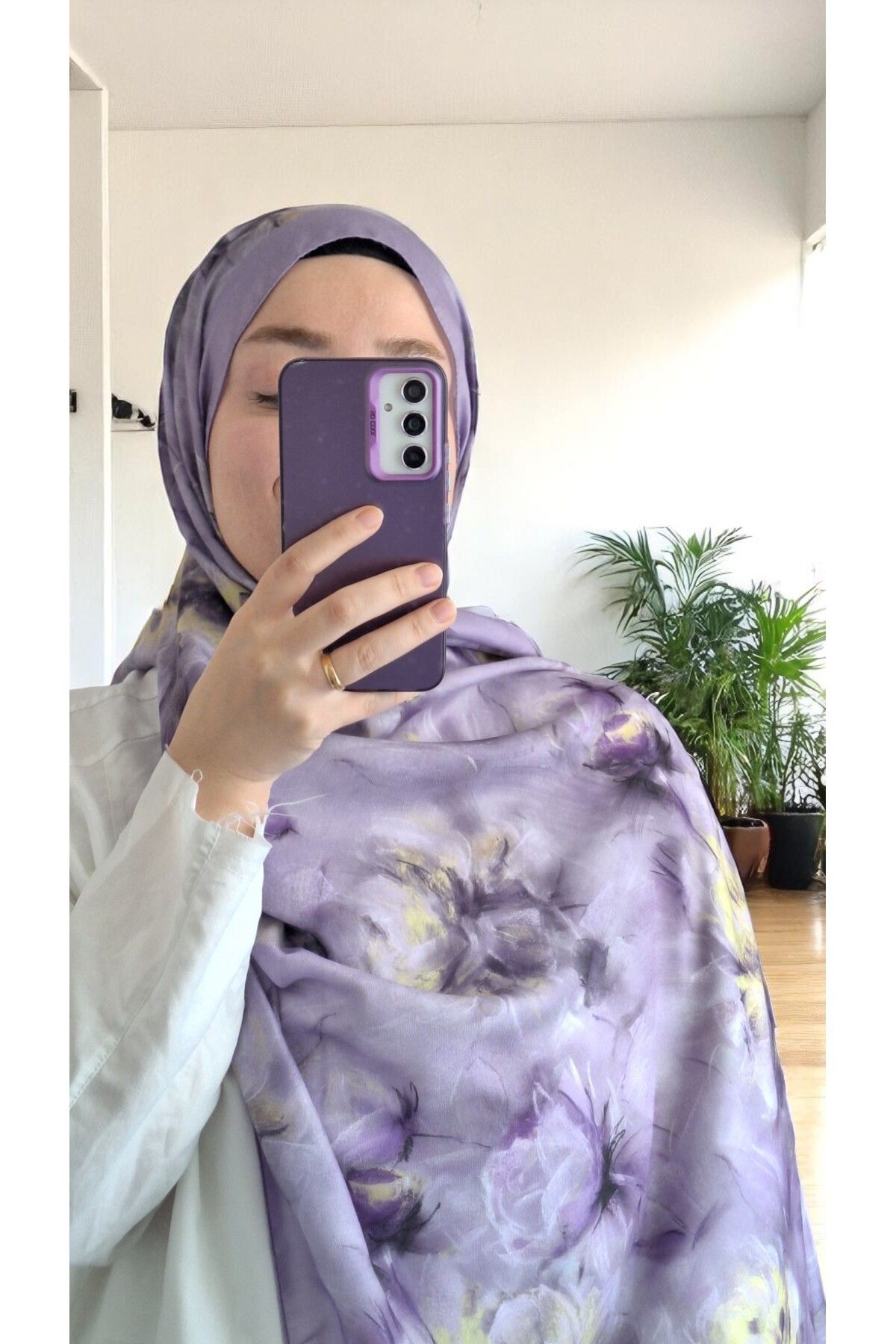 Lavena scarfs Bahar Serisi Çiçekli Desen Pamuklu Dijital Soft Şal - Lila