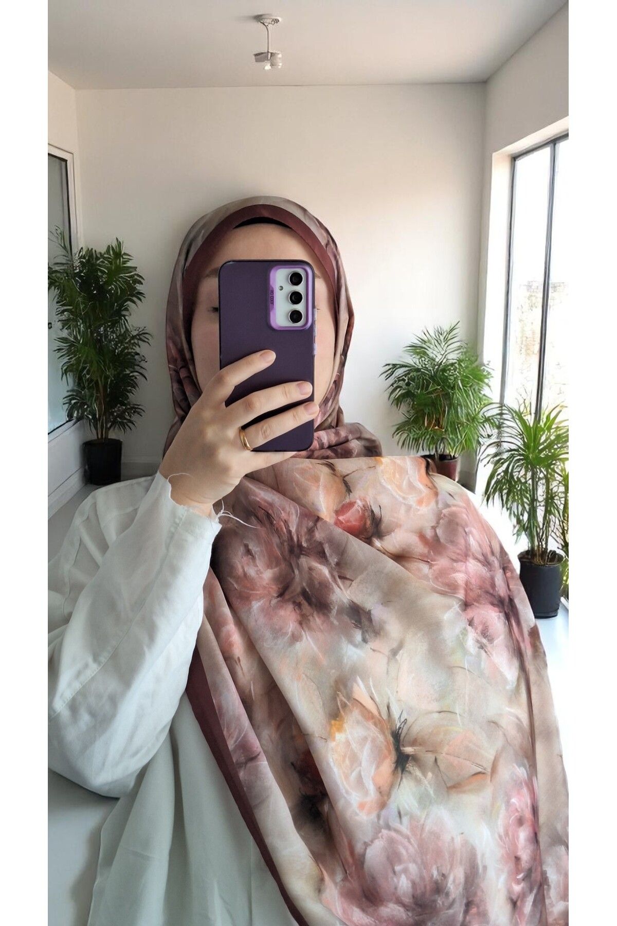 Lavena scarfs Bahar Serisi Çiçekli Desen Pamuklu Dijital Soft Şal - Bordo