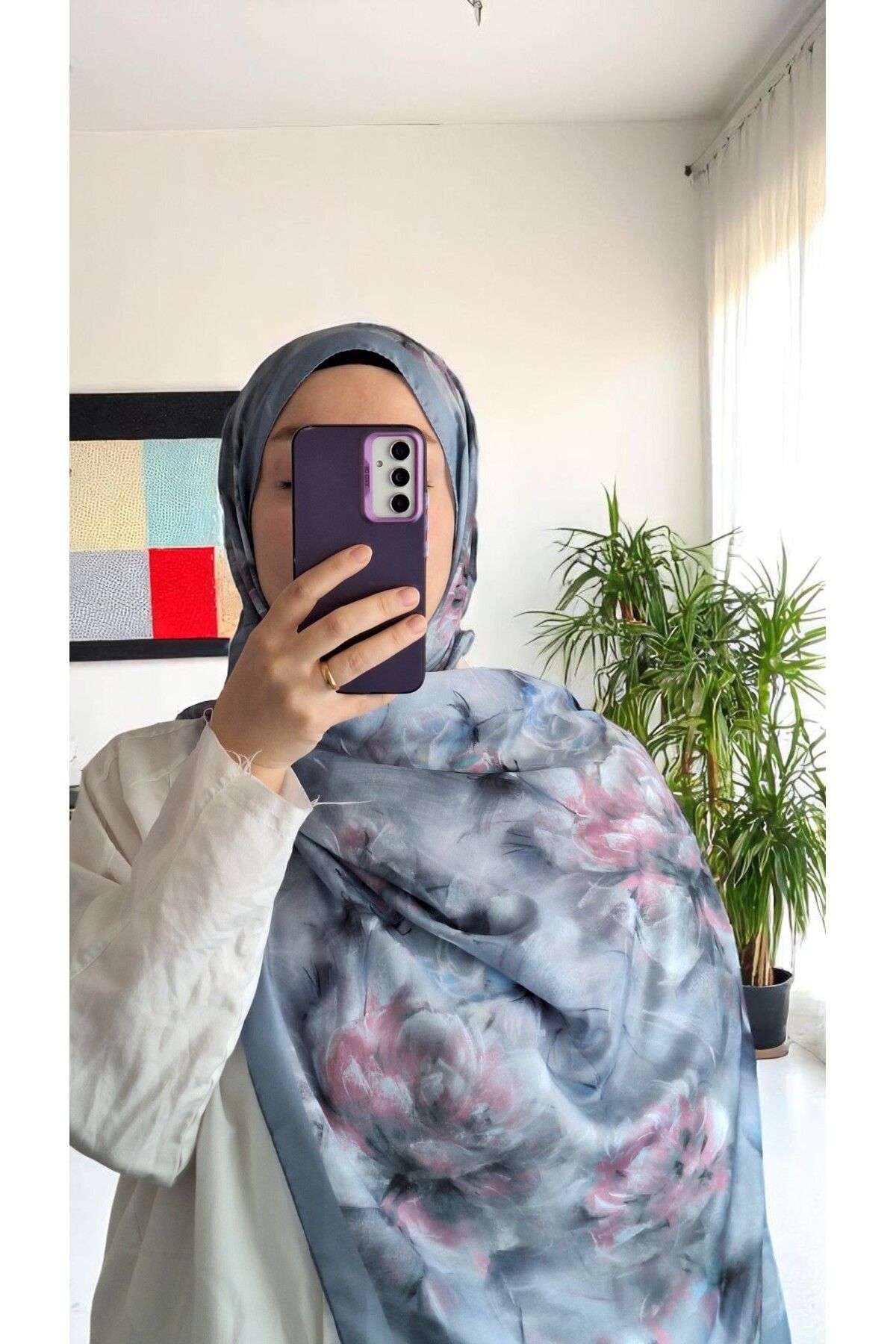 Lavena scarfs Bahar Serisi Çiçekli Desen Pamuklu Dijital Soft Şal - Mavi