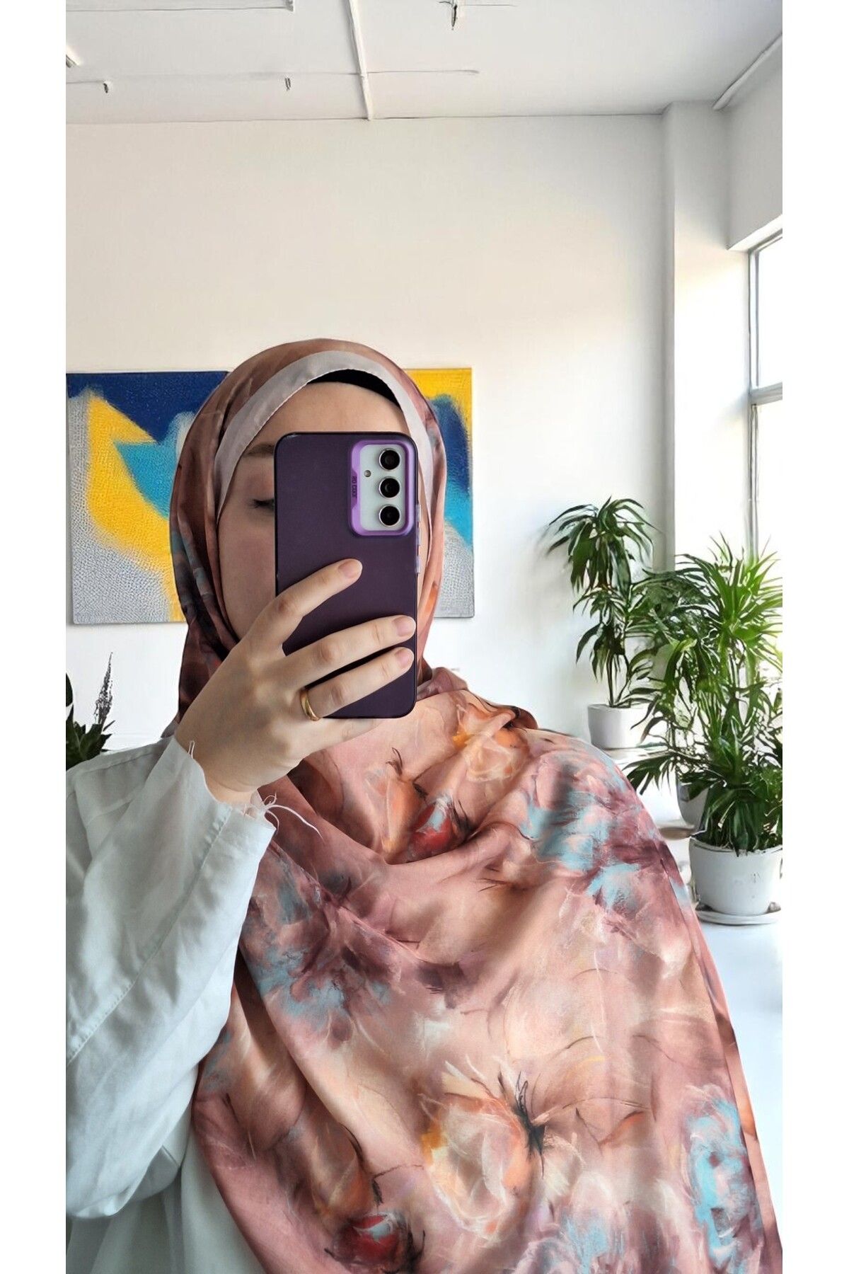Lavena scarfs Bahar Serisi Çiçekli Desen Pamuklu Dijital Soft Şal - Pudra